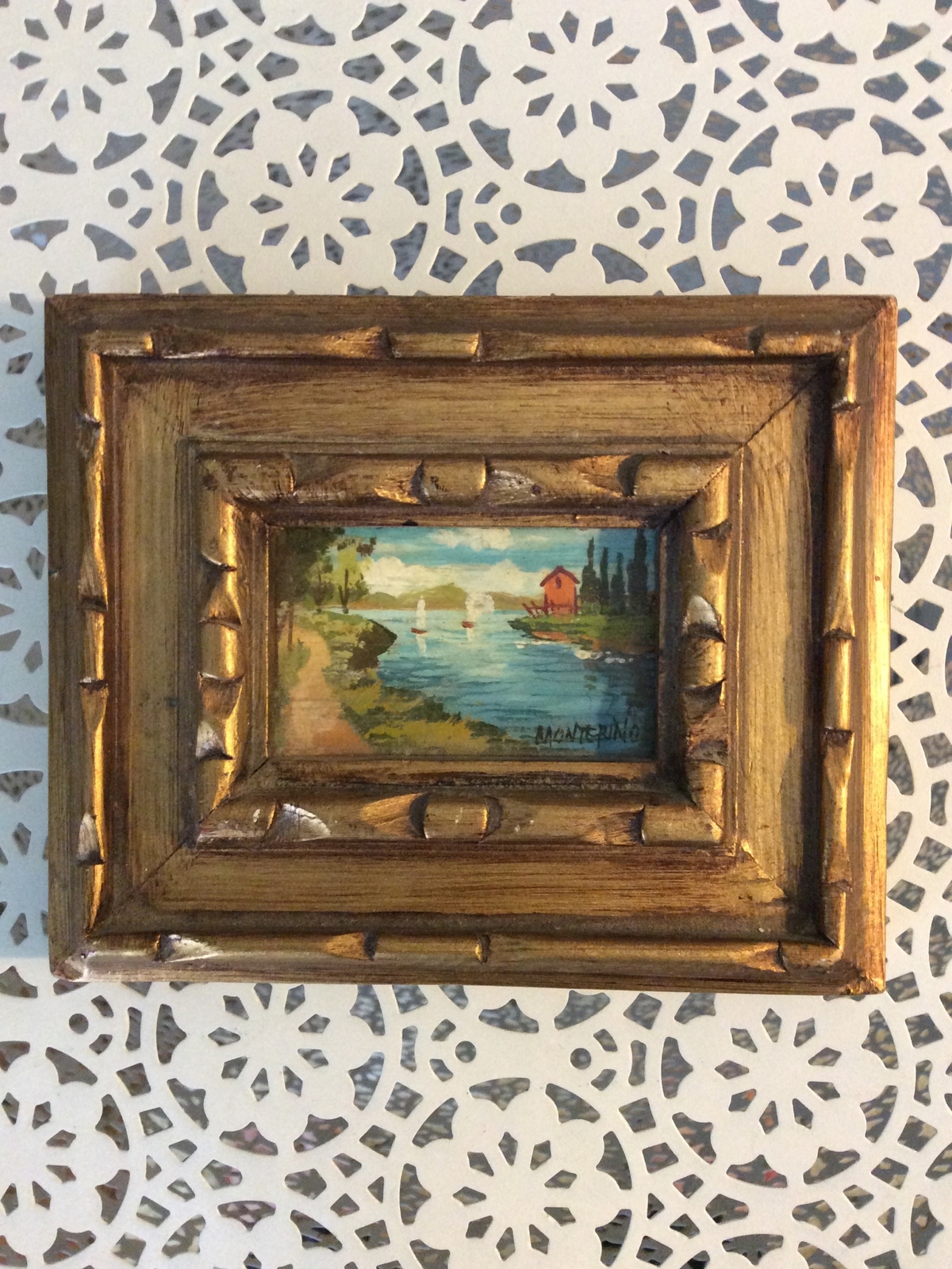 Mini Oil Painting By Monterion Of River House In The Country.