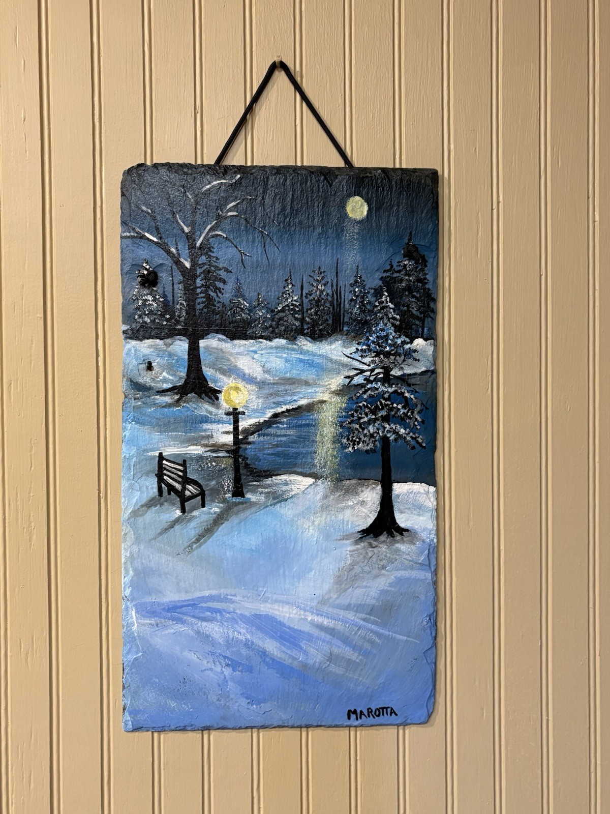 Hand painted Art Acrylic Painting On Slate Winter Scene bench by pond 18″x10″