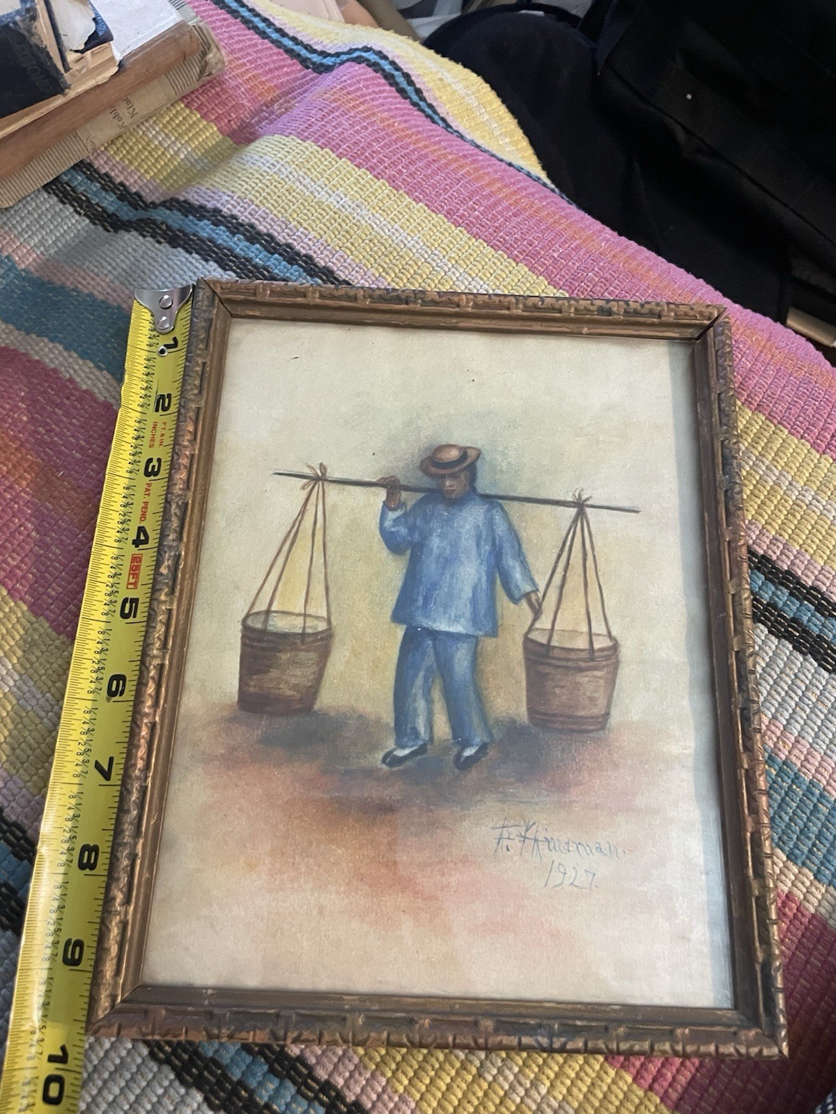 1927 F. Knudmann Watercolor – European Man in Asia Carrying Buckets 7.75”x9.75