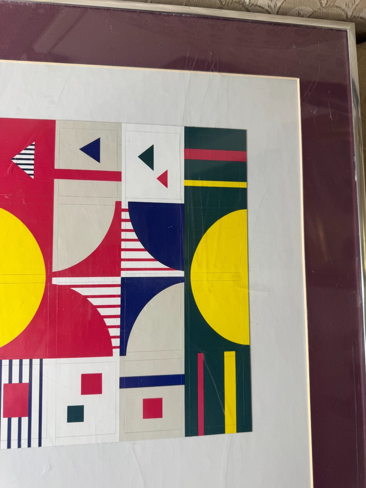 Vintage Geometric Abstract Mixed Media Composition Silver Tone Metal Framed