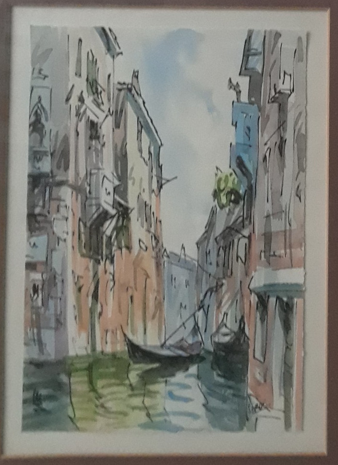 Watercolor & Ink on Paper, Venice Canal Signed Silver Framed with Brown Matting