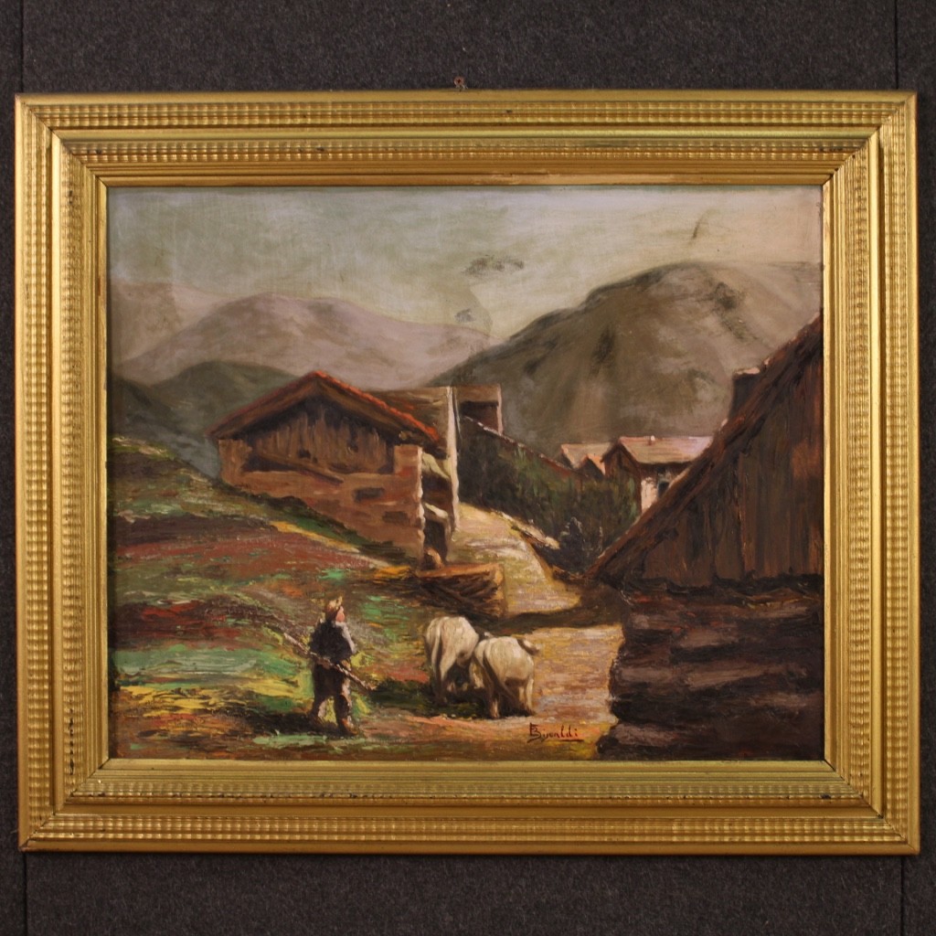Painting signed oil on board bucolic landscape artwork 20th century 900 frame