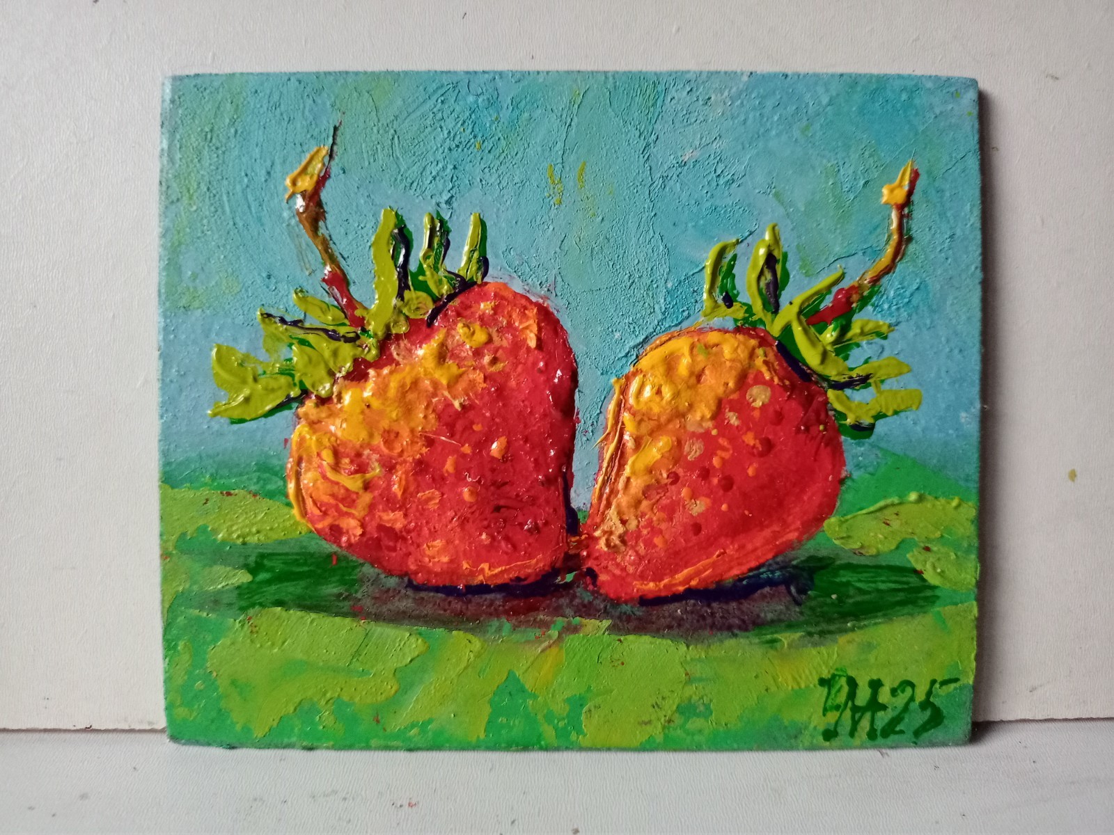 Strawberries Impasto Painting Original Art Impression Oil Painting 3.7 x 4.5 in
