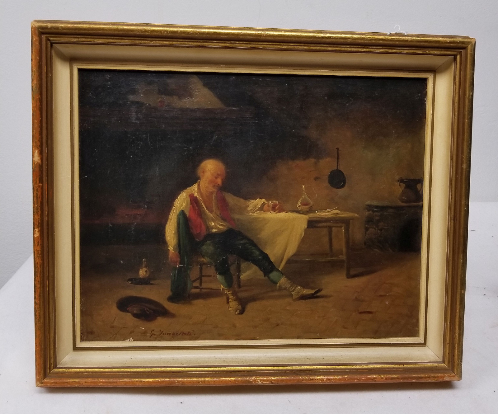 Antique Italian Dutch Oil Painting on Canvas Relined on Board Signed Illegibly