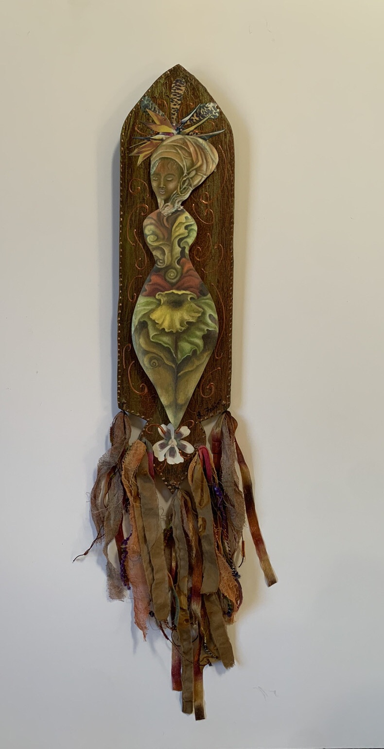 Lori Felix Mixed Media Flower Goddess Wood Plaque Painting OOAK Mississippi