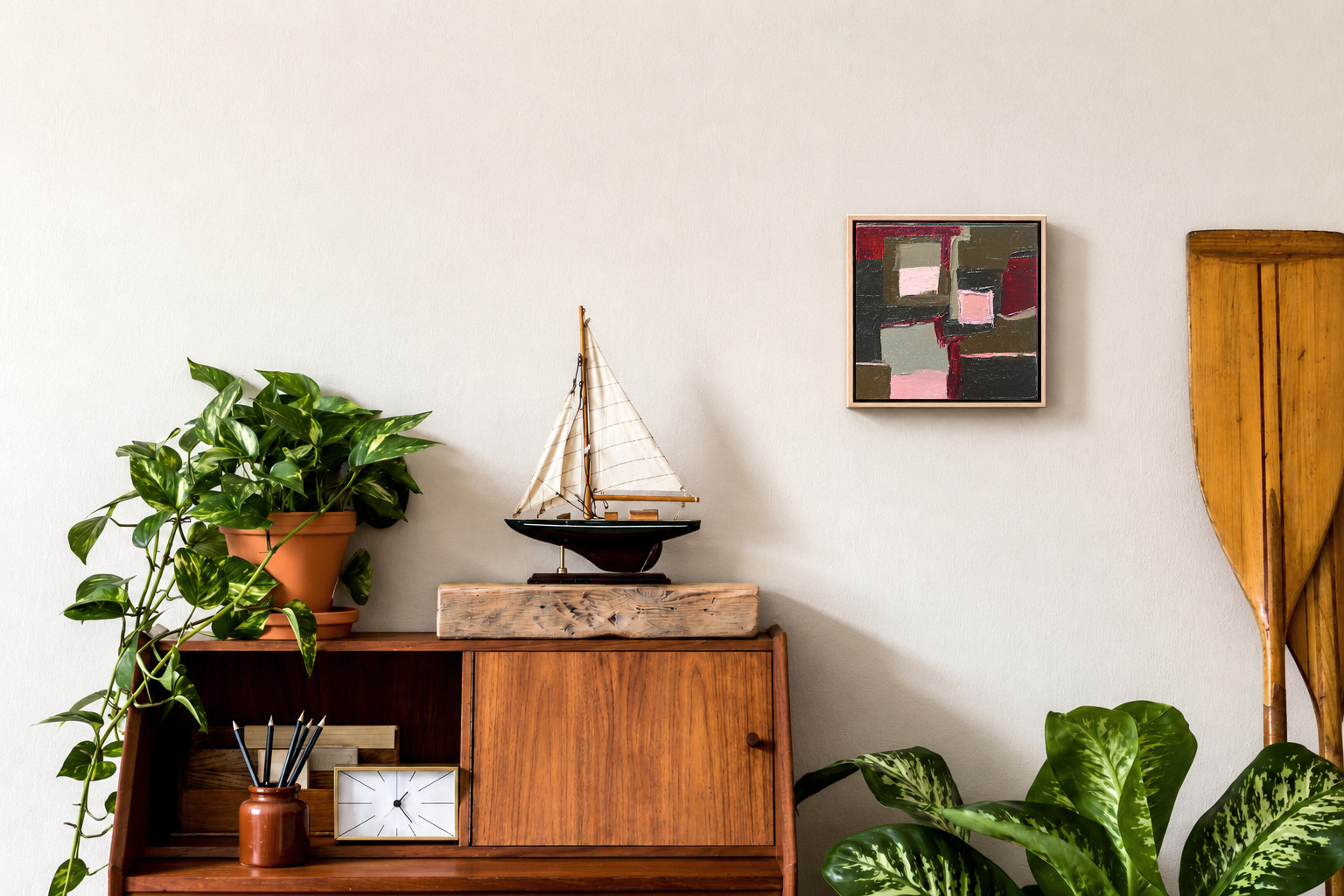 Framed Geometric Abstract Oil Painting Bold Red Pink Olive Green Textured Wall A
