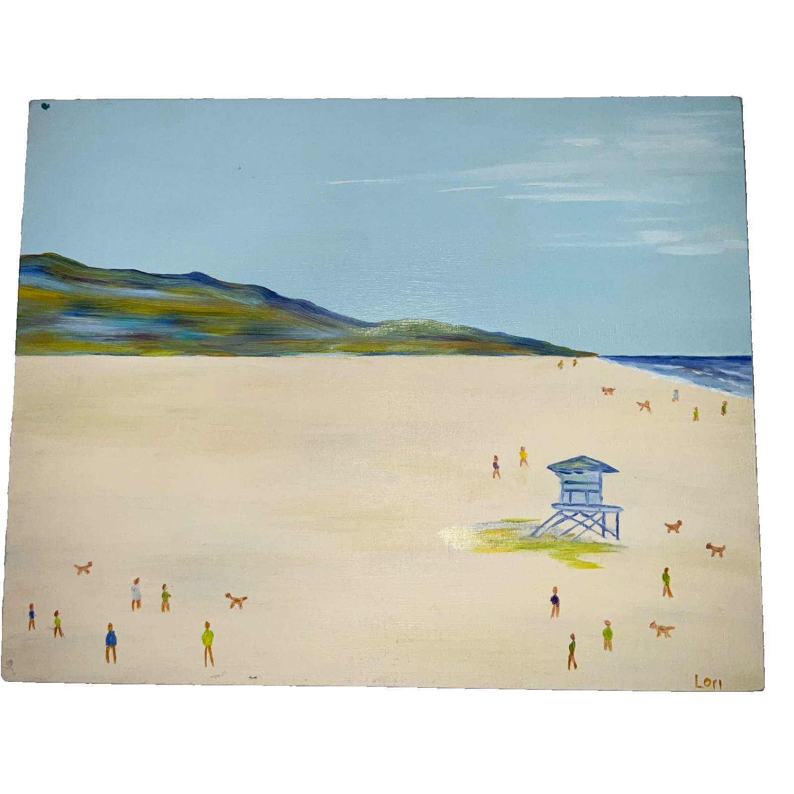 coast ocean Painting original beach tiny people life guard tower by Lori