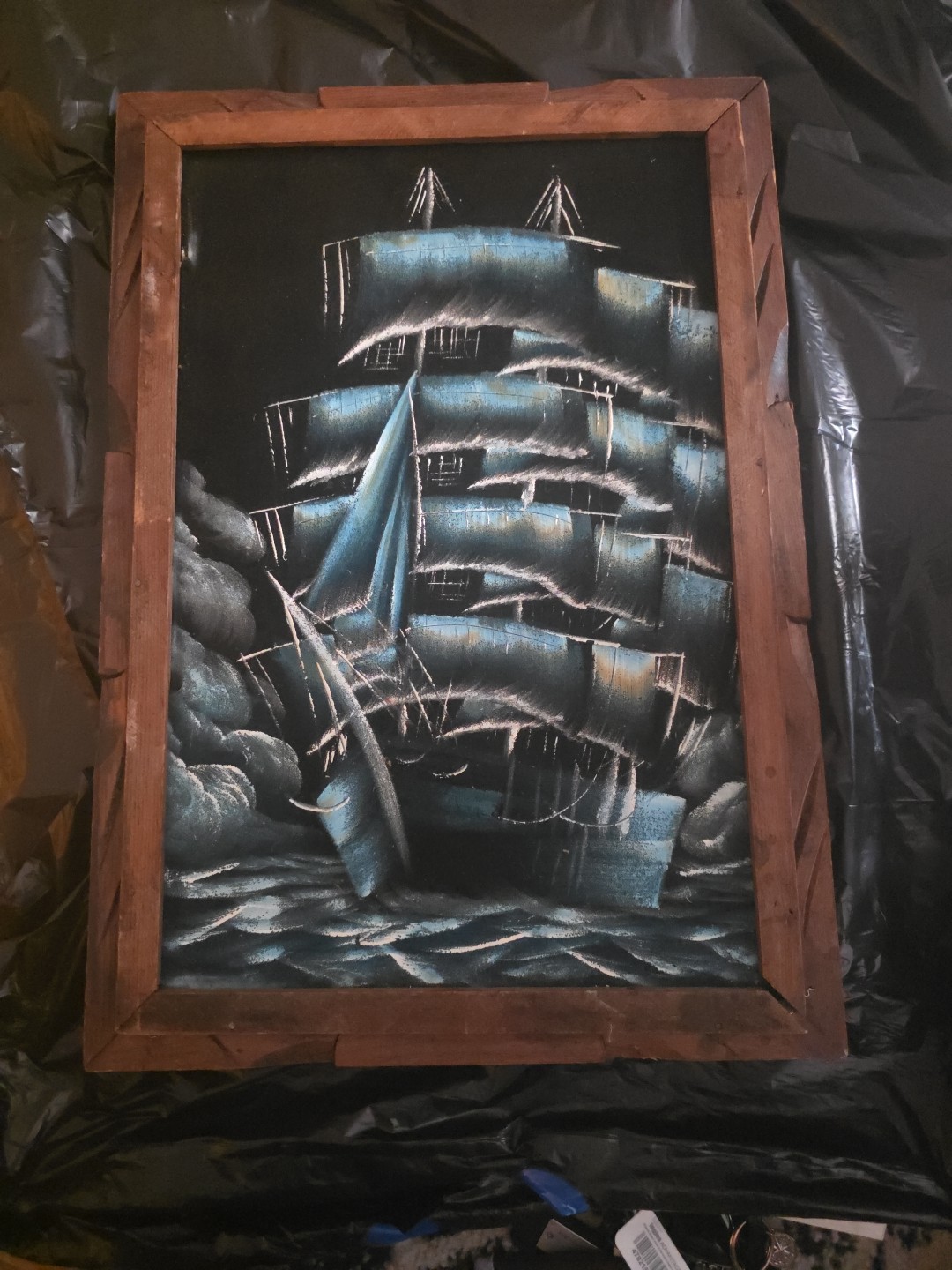 vintage unique Felt Framed Ship Boat Art Painting On Black Felt