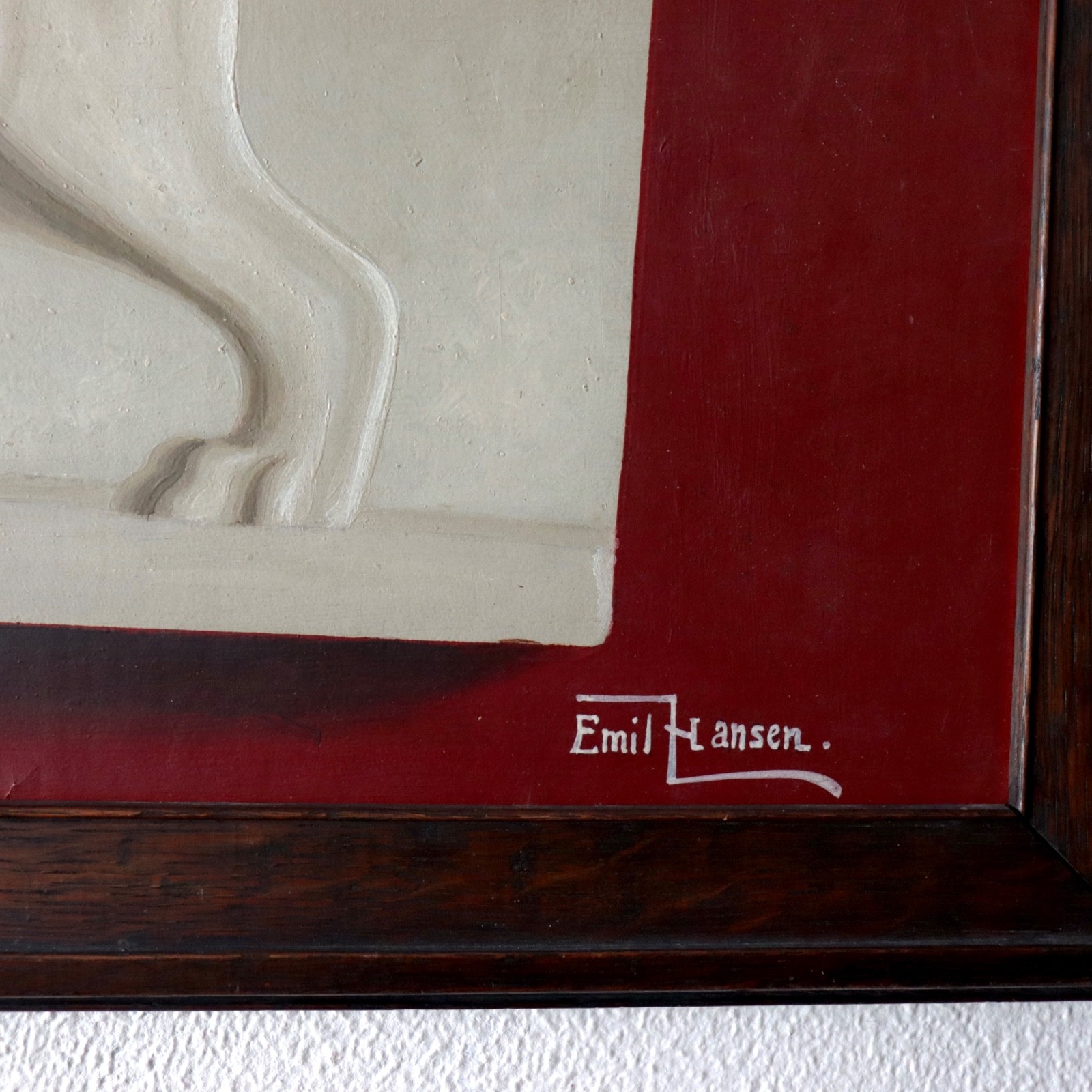 1920s Emil Hansen Trompe l’Oeil Painting Carved Stone Lion Classical Antique Vtg