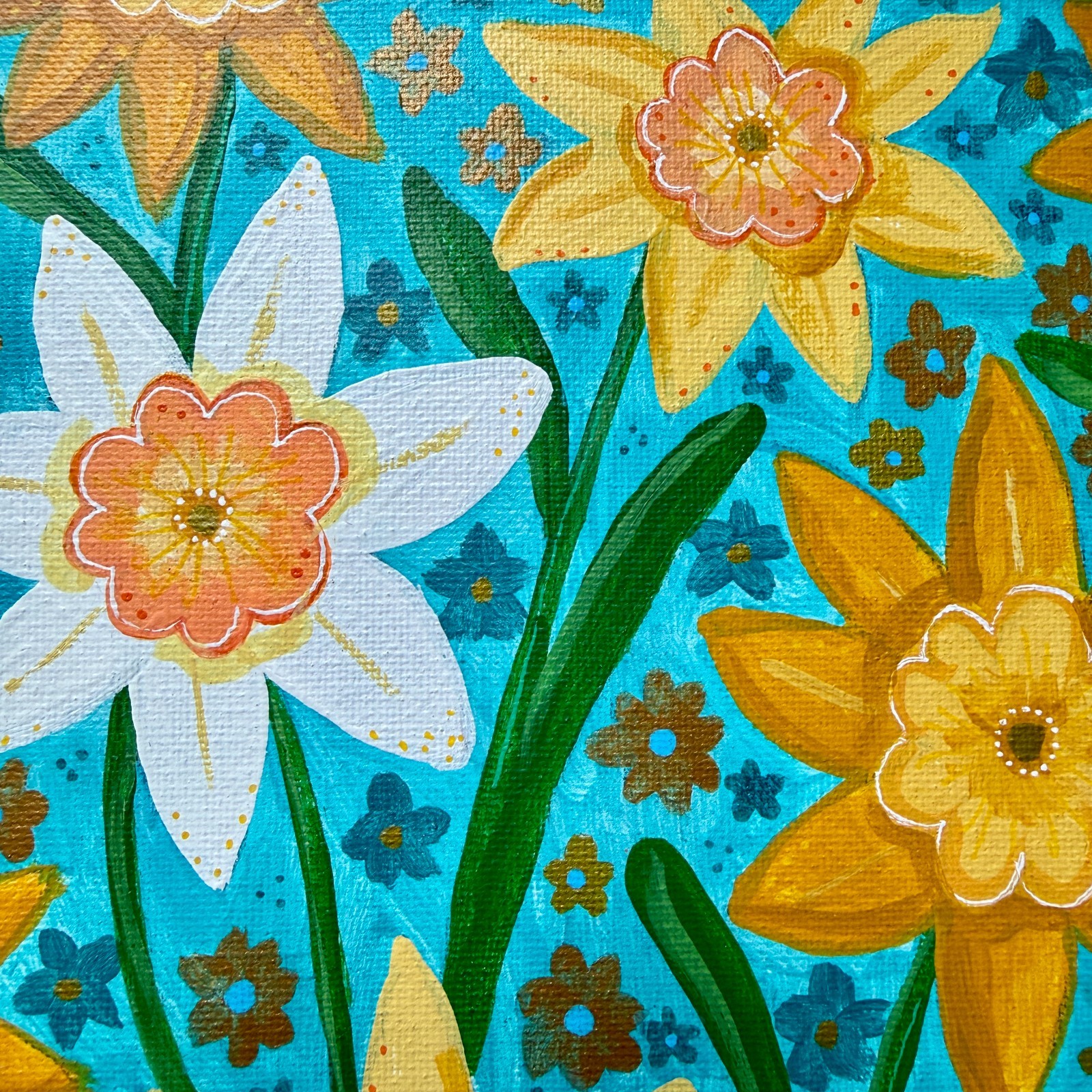Teal Spring Daffodils Original Acrylic Painting On Canvas 8×10 inches