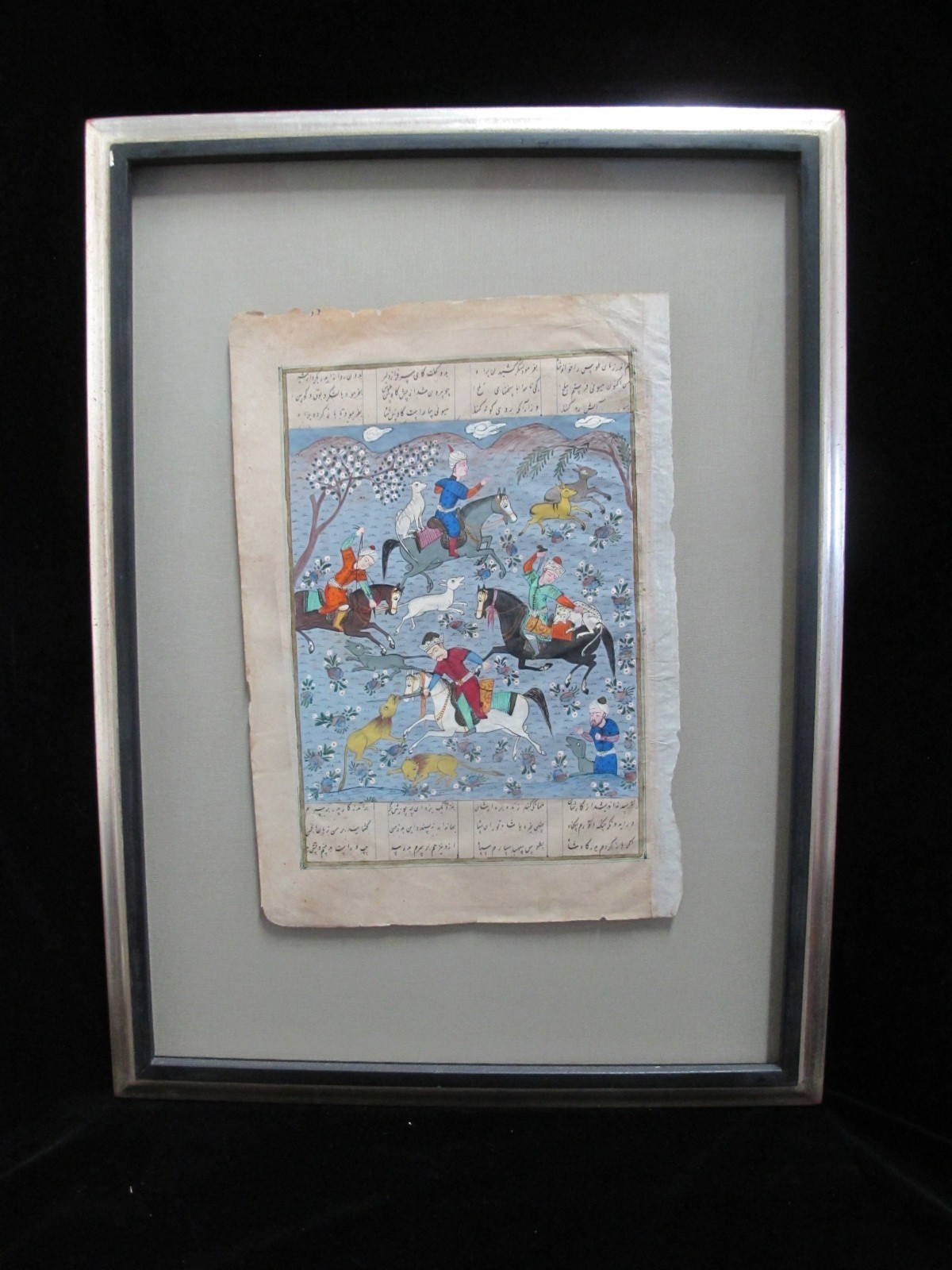 Antique PERSIAN Illuminated MANUSCRIPT Mughal Art Horsemen HUNTING Painting