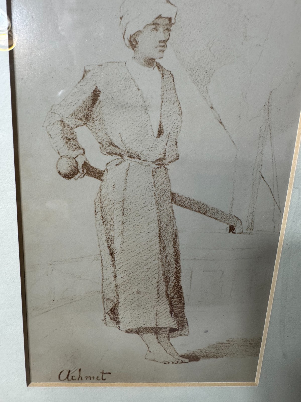 Vintage Figure Study Drawing Signed Achmet Framed Behind Glass Sepia Sketch