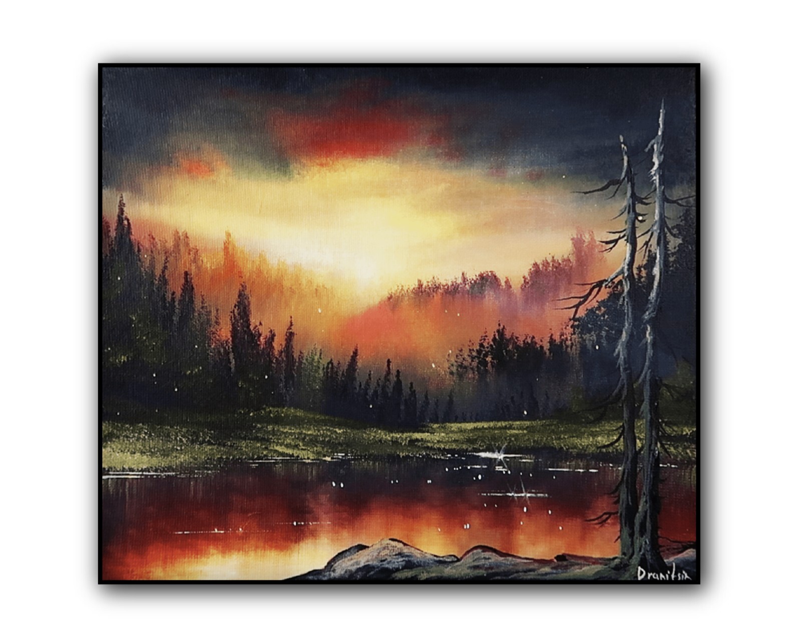 Original Acrylic Landscape Painting 12×14″ GLOWING SUNSET FOREST LAKE Wall Art