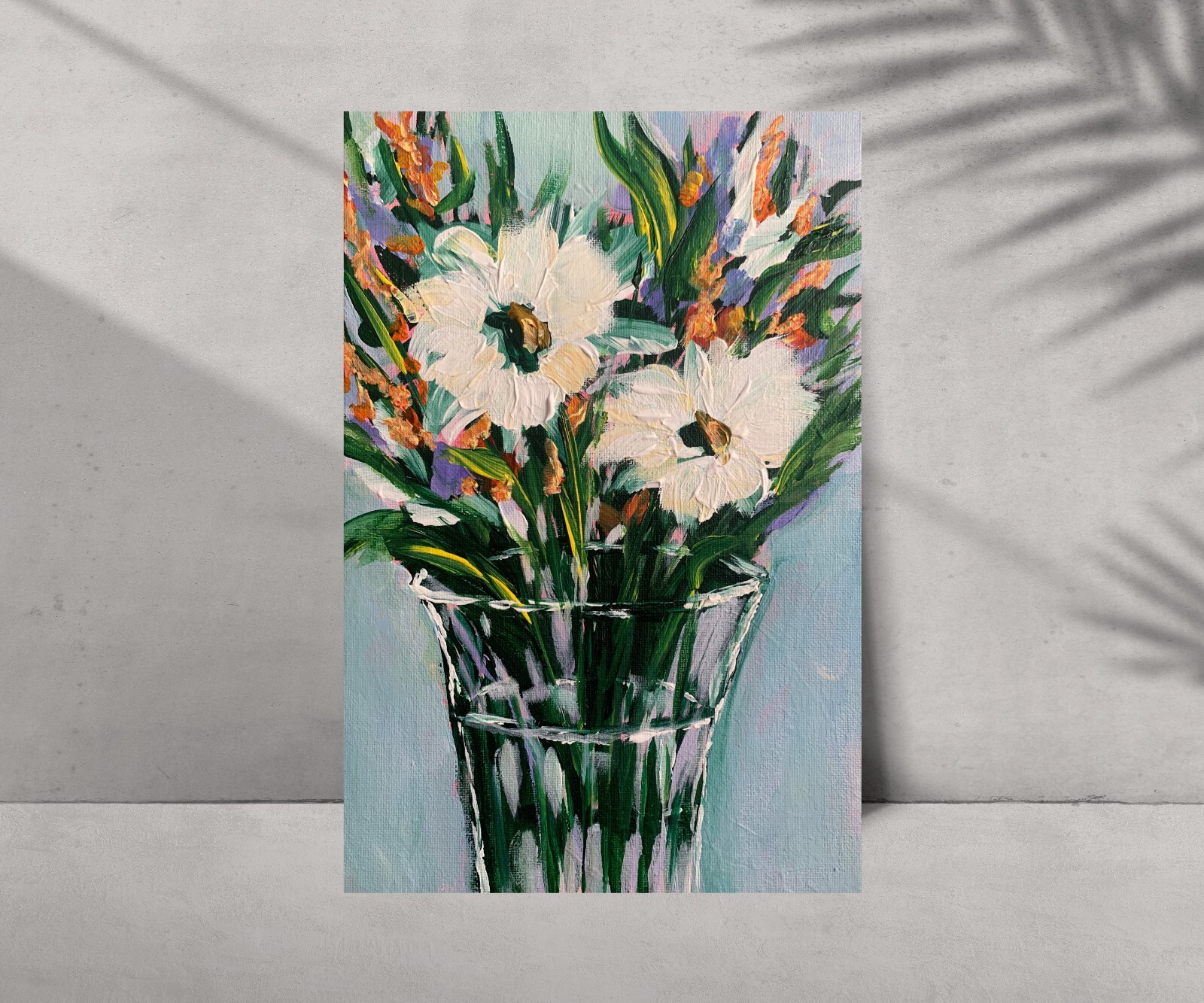 Bouquet of white orange flowers blue green vase Impressionism Collectible still