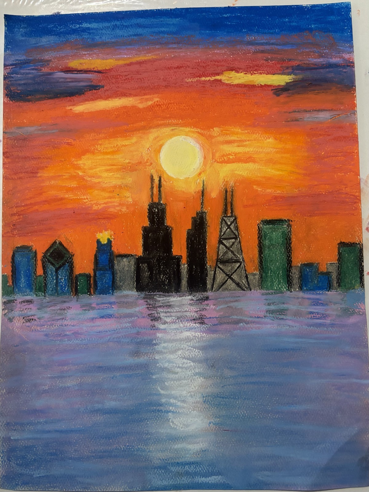 Original Signed Chicago Skyline Oil Pastel With Beautiful Color Contrast 9×12