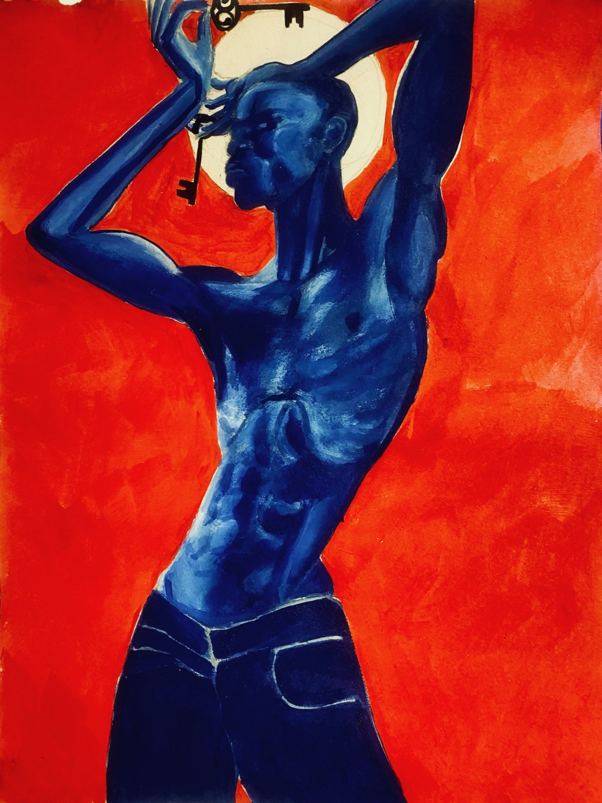Original pop art black acrylic painting in blue and red