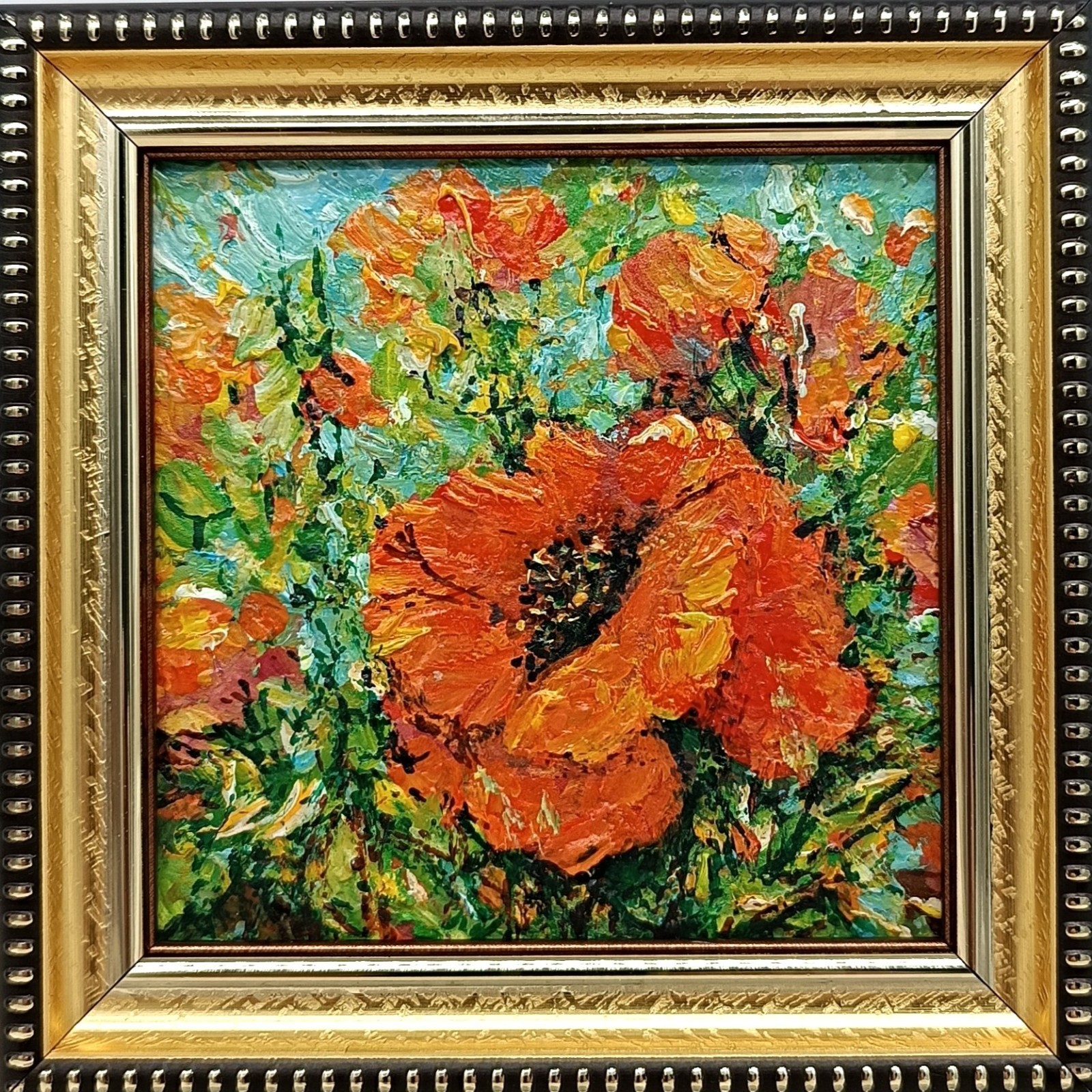 Red Poppies Original Oil Painting 4×6 Framed Signed Flower Meadow Floral