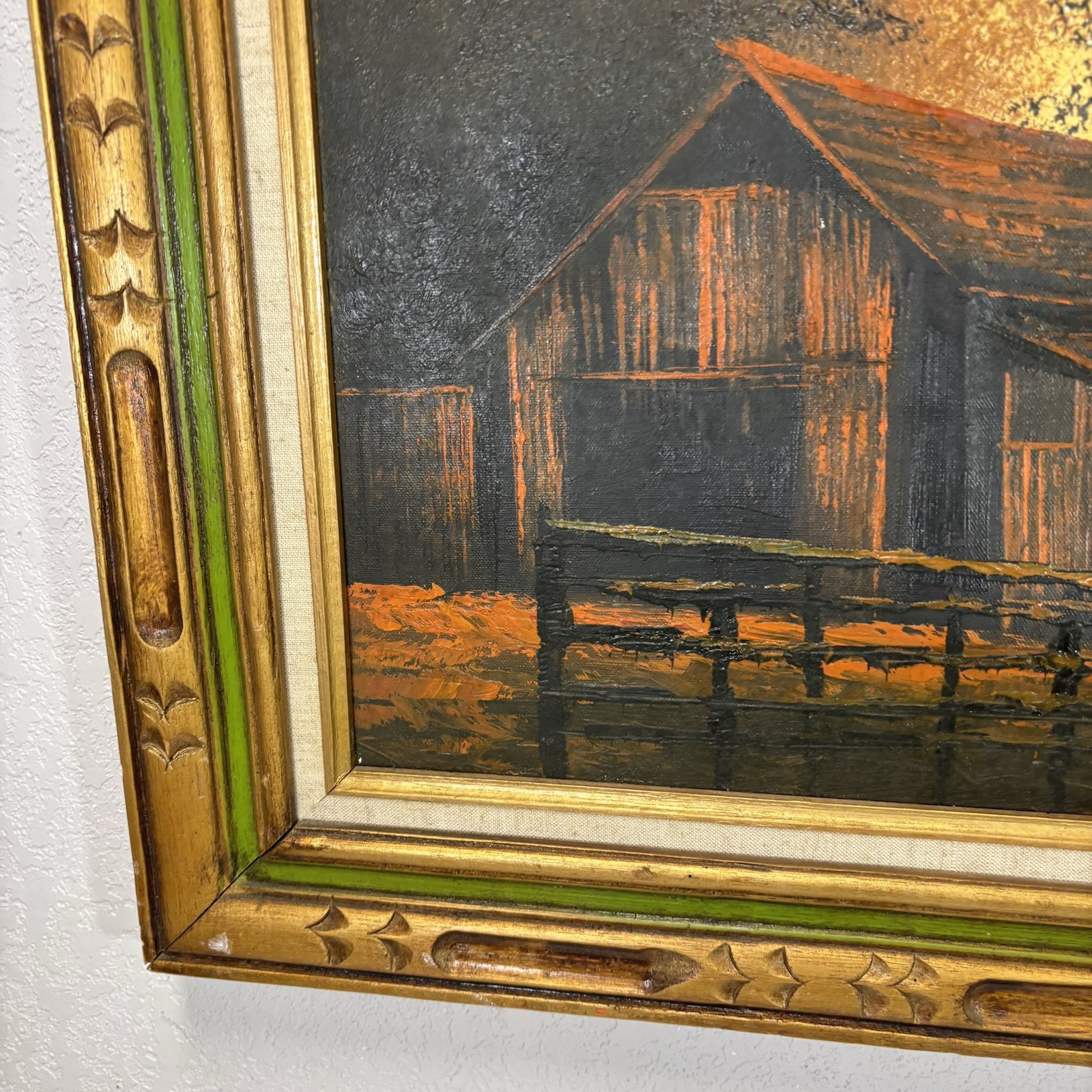 Vtg 70s Moody Forest Barn Original Painting Orange Brown Green Framed Fits 24×18