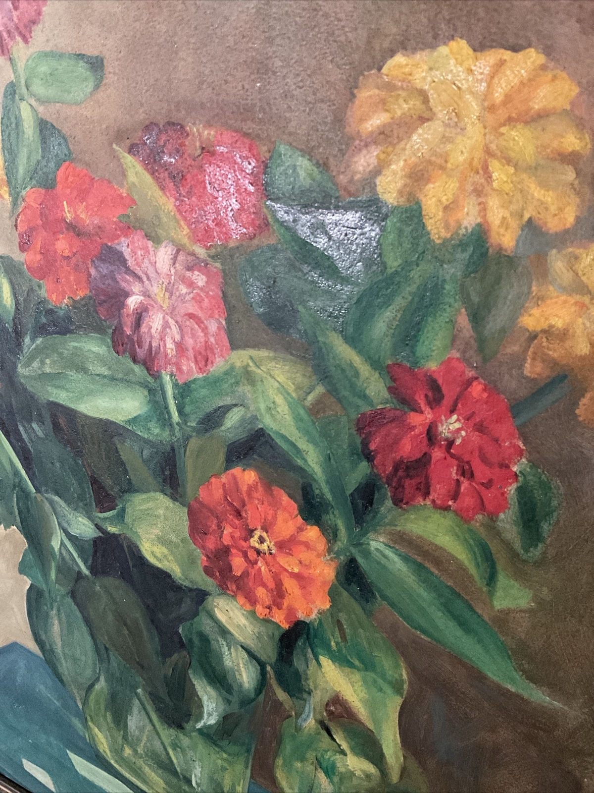 Lottie Meyer Catok Oil on Board – Still Life with Zinnias -Original Oil Painting
