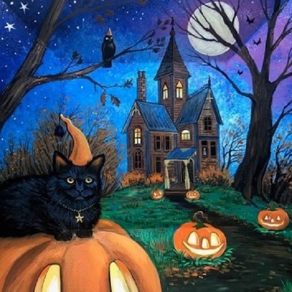 8×8 PRINT OF PAINTING RYTA HALLOWEEN FOLK OWL BLACK CAT WITCH HAUNTED HOUSE Art