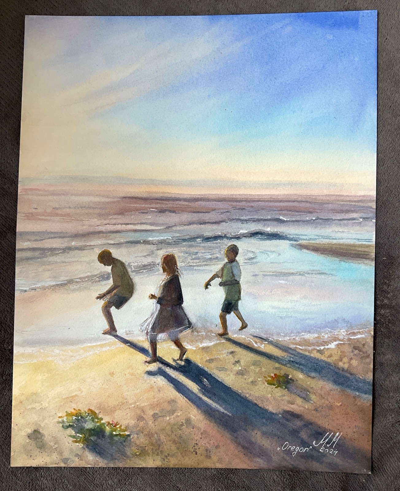 “Children at Sunset – Oregon Coast” – Original Watercolor Painting 11×14 in