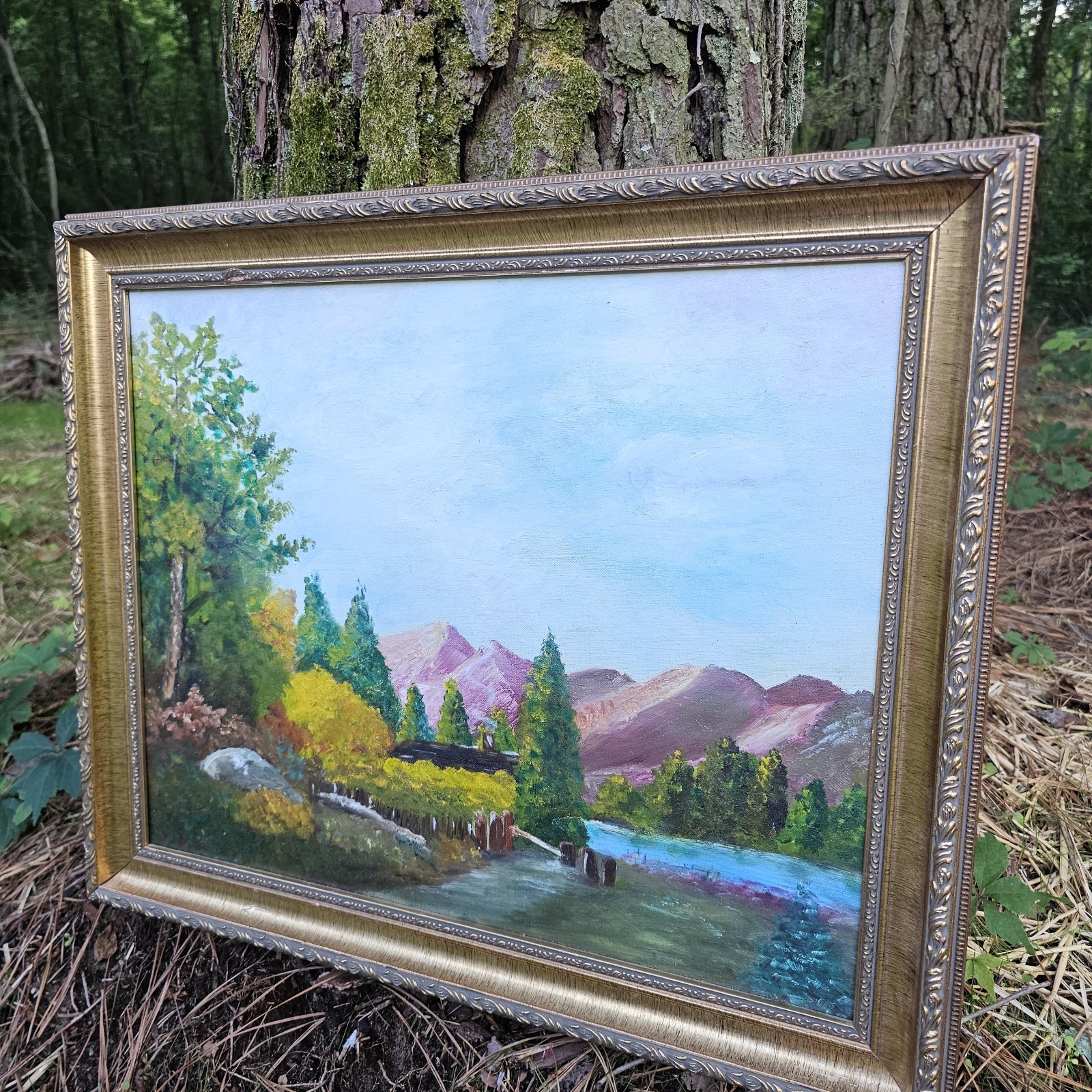 Framed Mountain Lake Oil Painting Impressionist Landscape Cabin Artwork