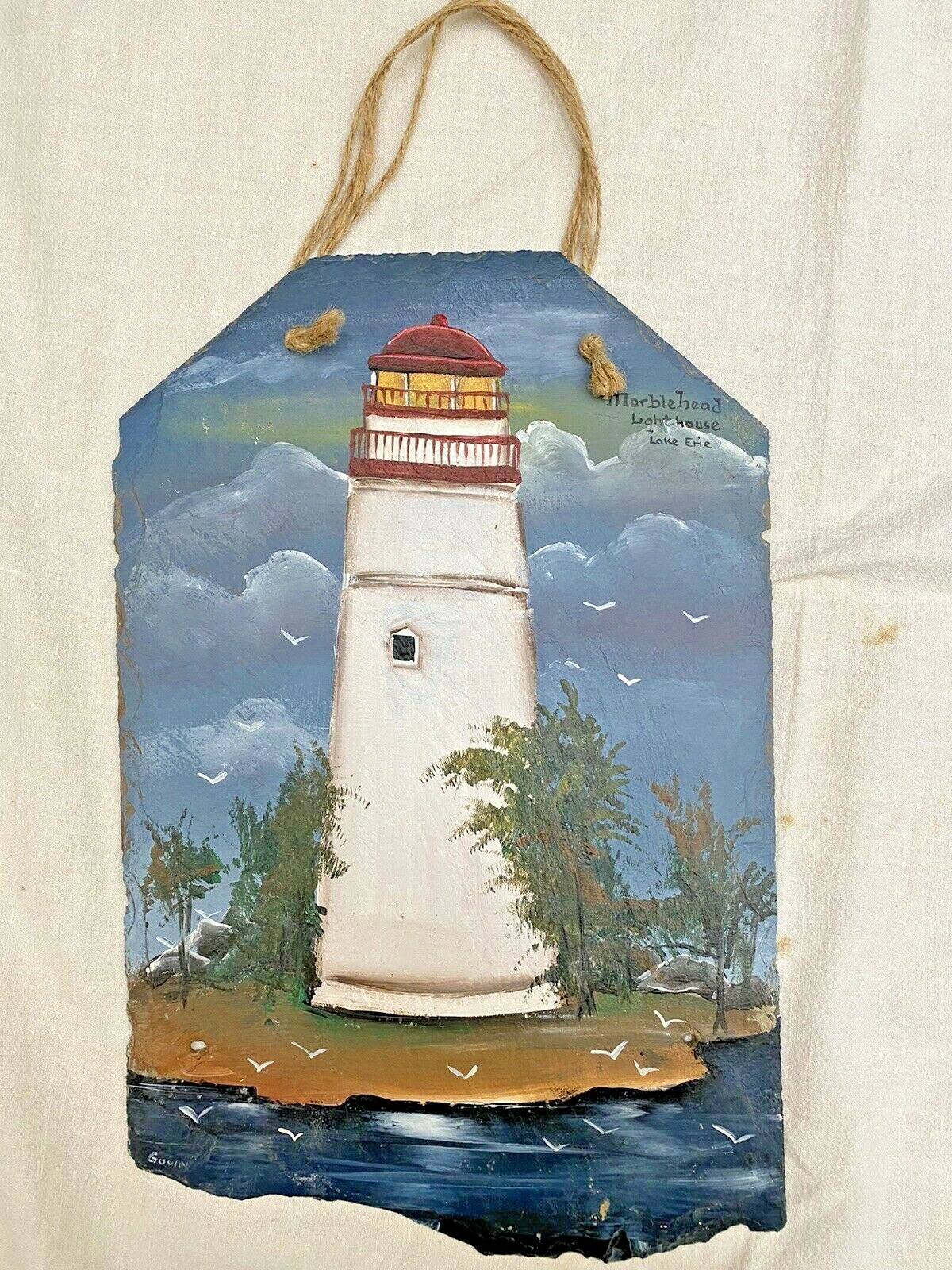 Lake Erie Marble Head Light House painting on slate Artist signed Nautical