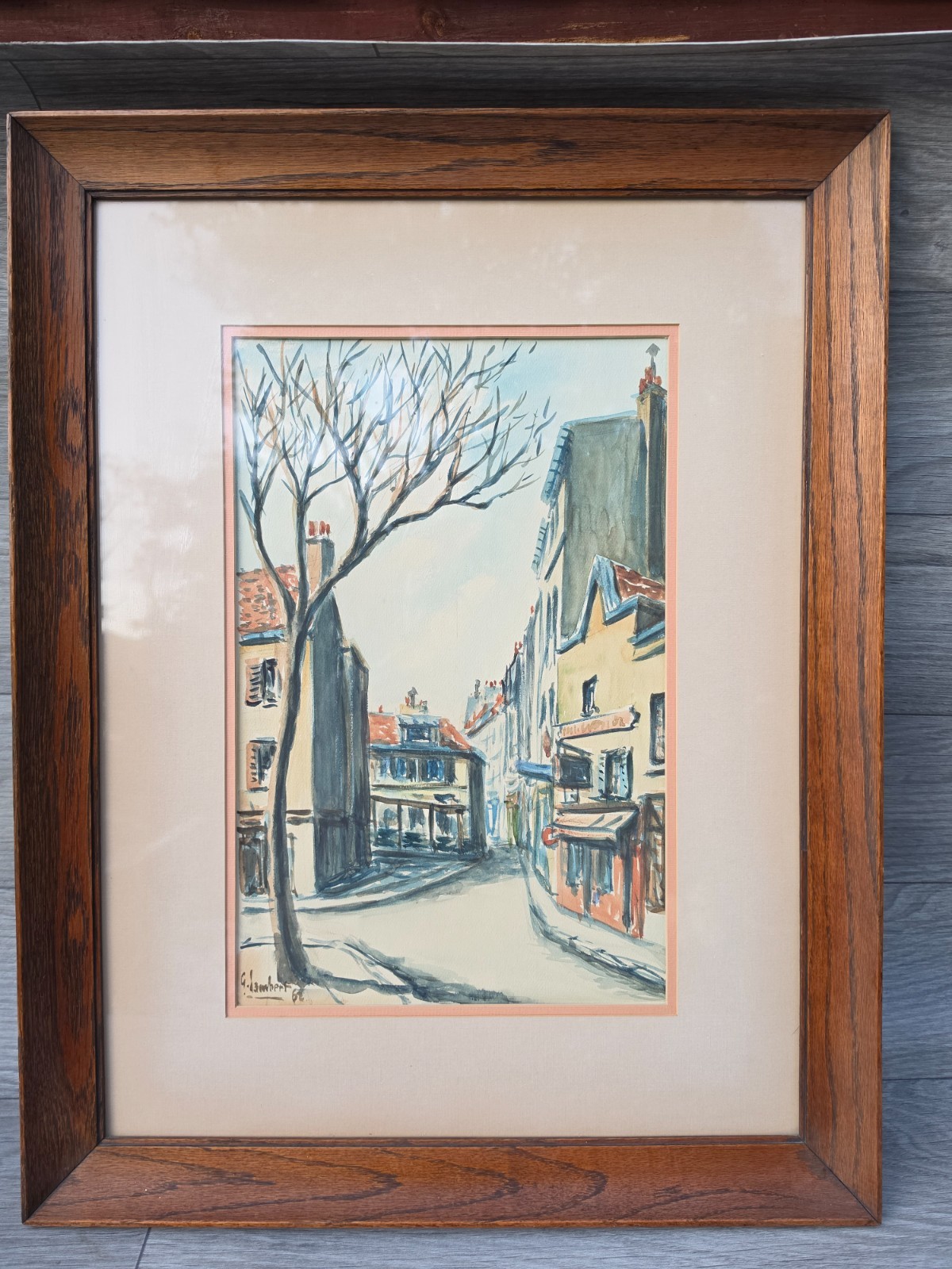 Original 1961 G. Lambert Parisian Street Scene Painting – Framed Mid-Century Wat