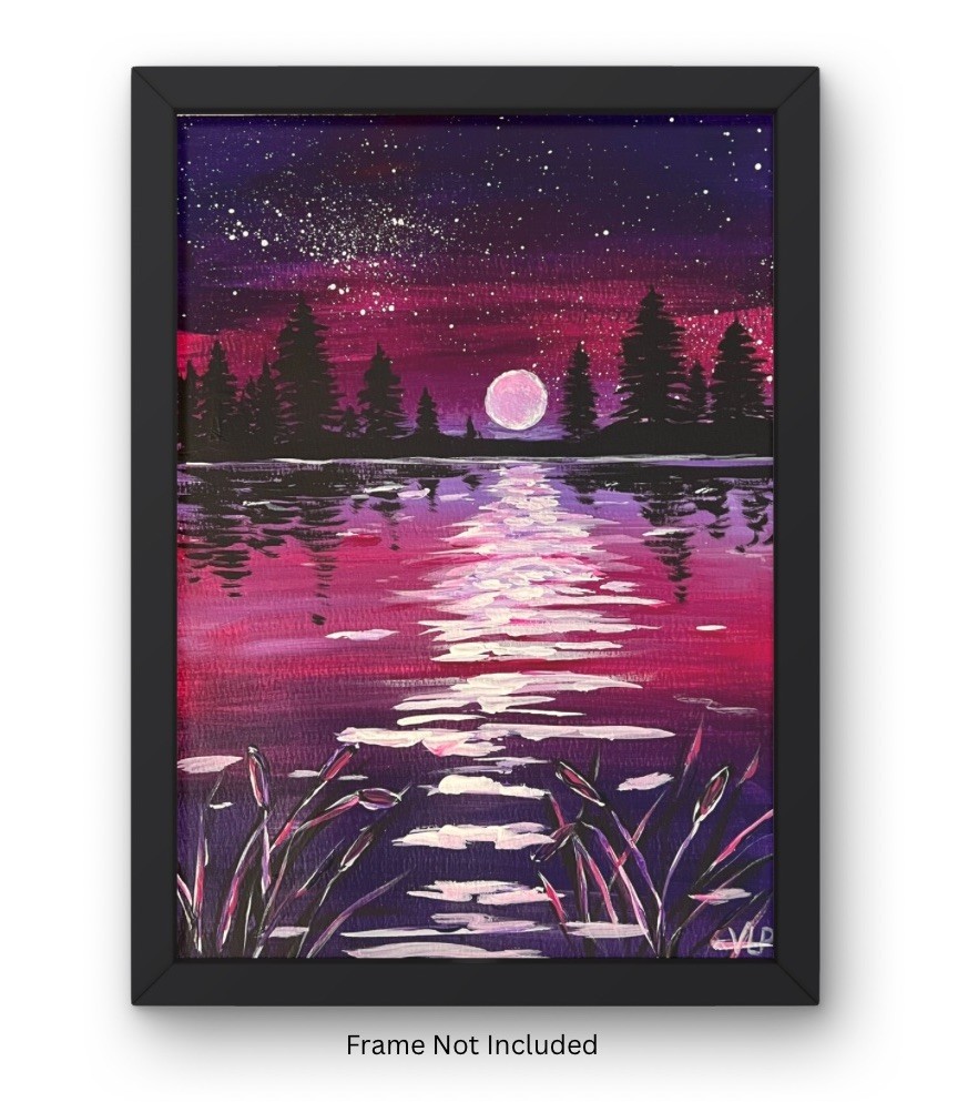 Magenta Night Moon Glow Lake VLP Original Acrylic 9×12 Heavy Paper Signed COA