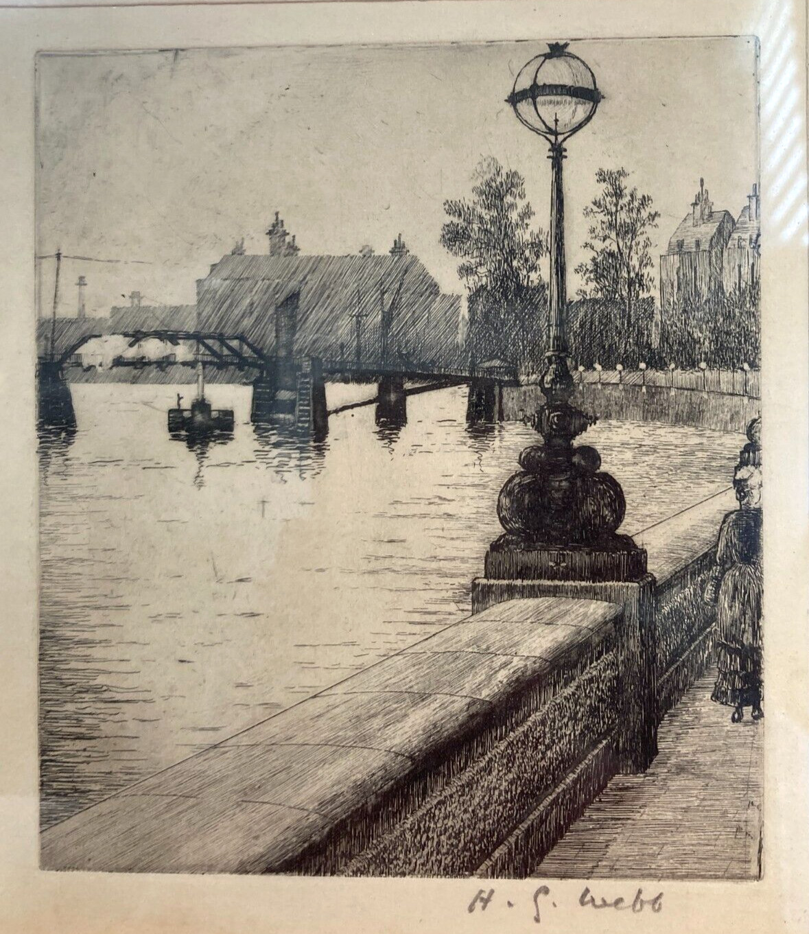 1929 Original Victorian Pen and Ink City Bridge Landscape Art Framed 10″x12″ &