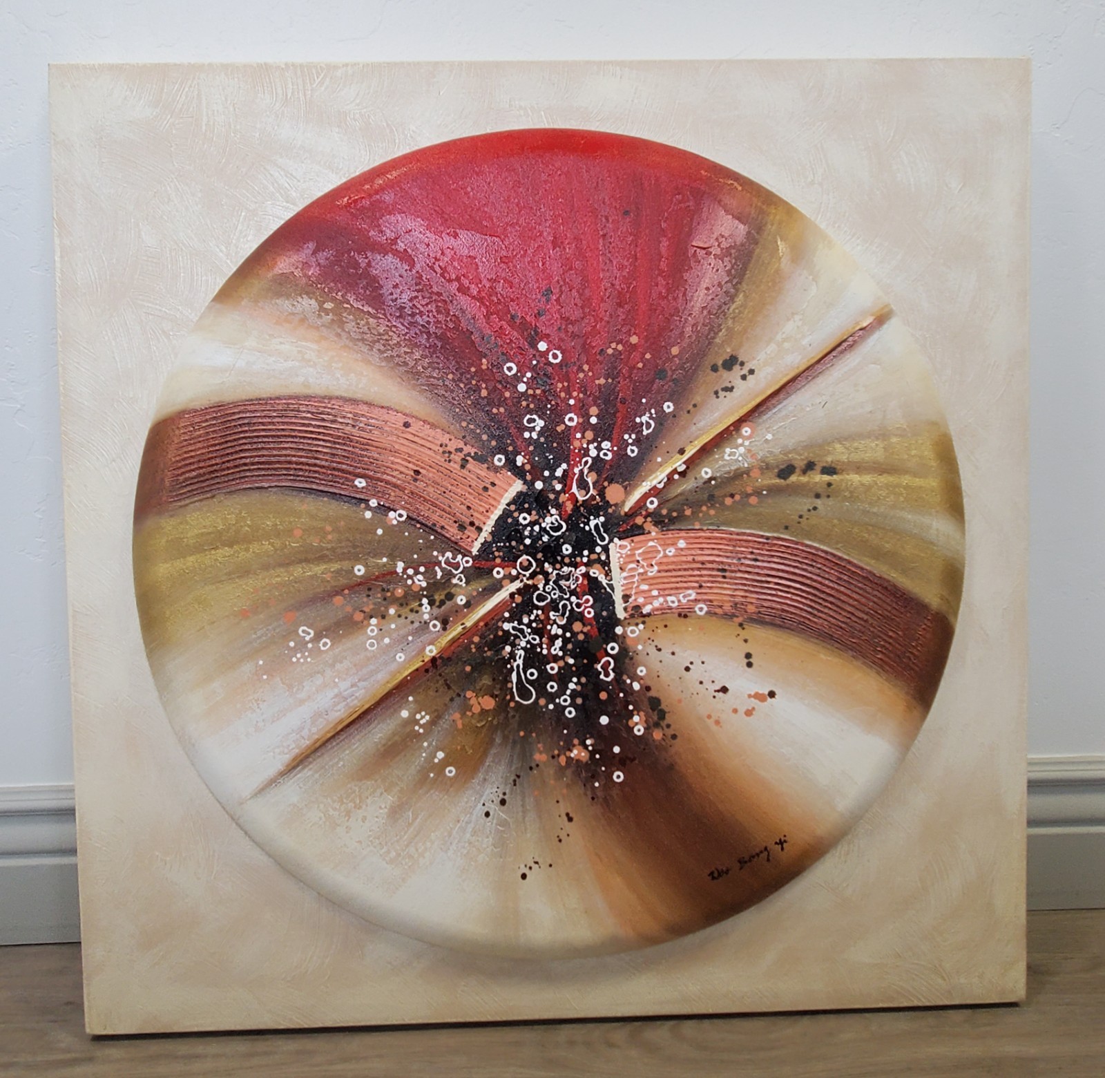 Woo Bong Yi Original, Signed Abstract Acrylic On Canvas Painting Round On Square