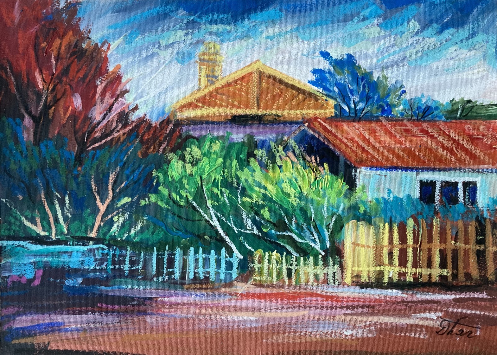 Pastel Landscape with Cottage, Red Roof, and Garden Fence – 25×35 cm