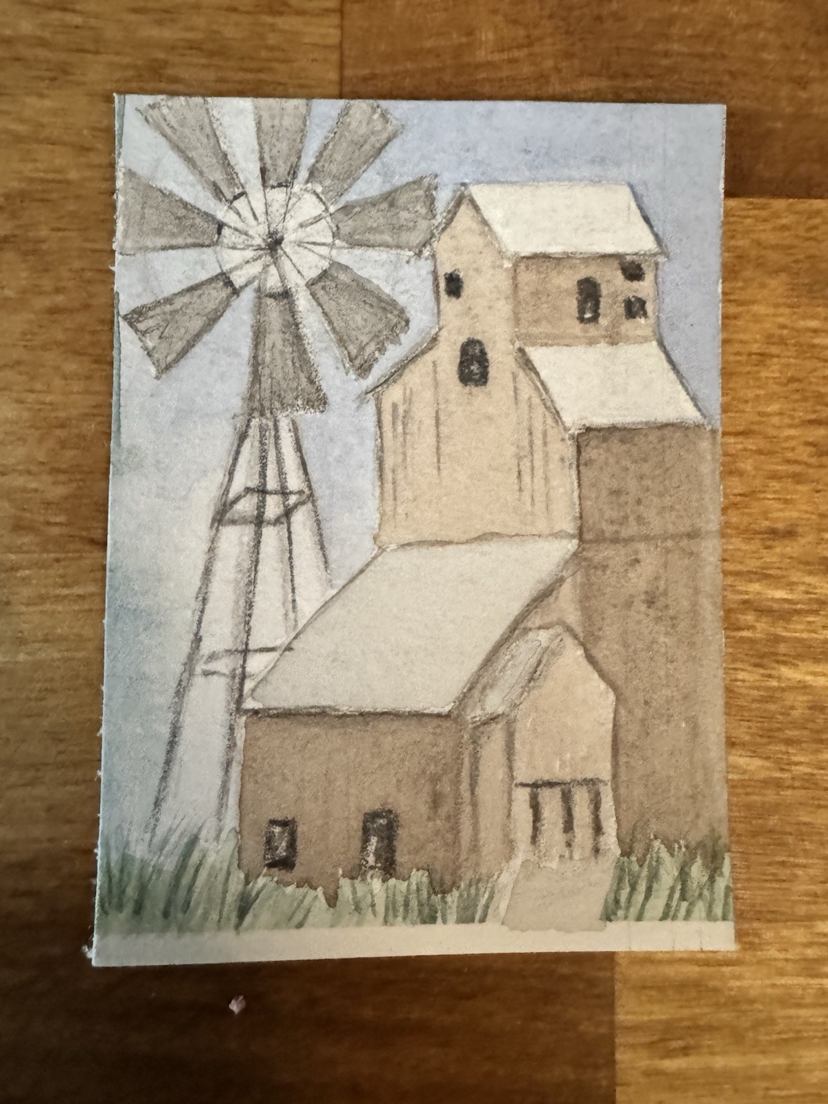 ACEO “Wind & Grain” Watercolor By DBossert Features Grain Elevator And Windmill