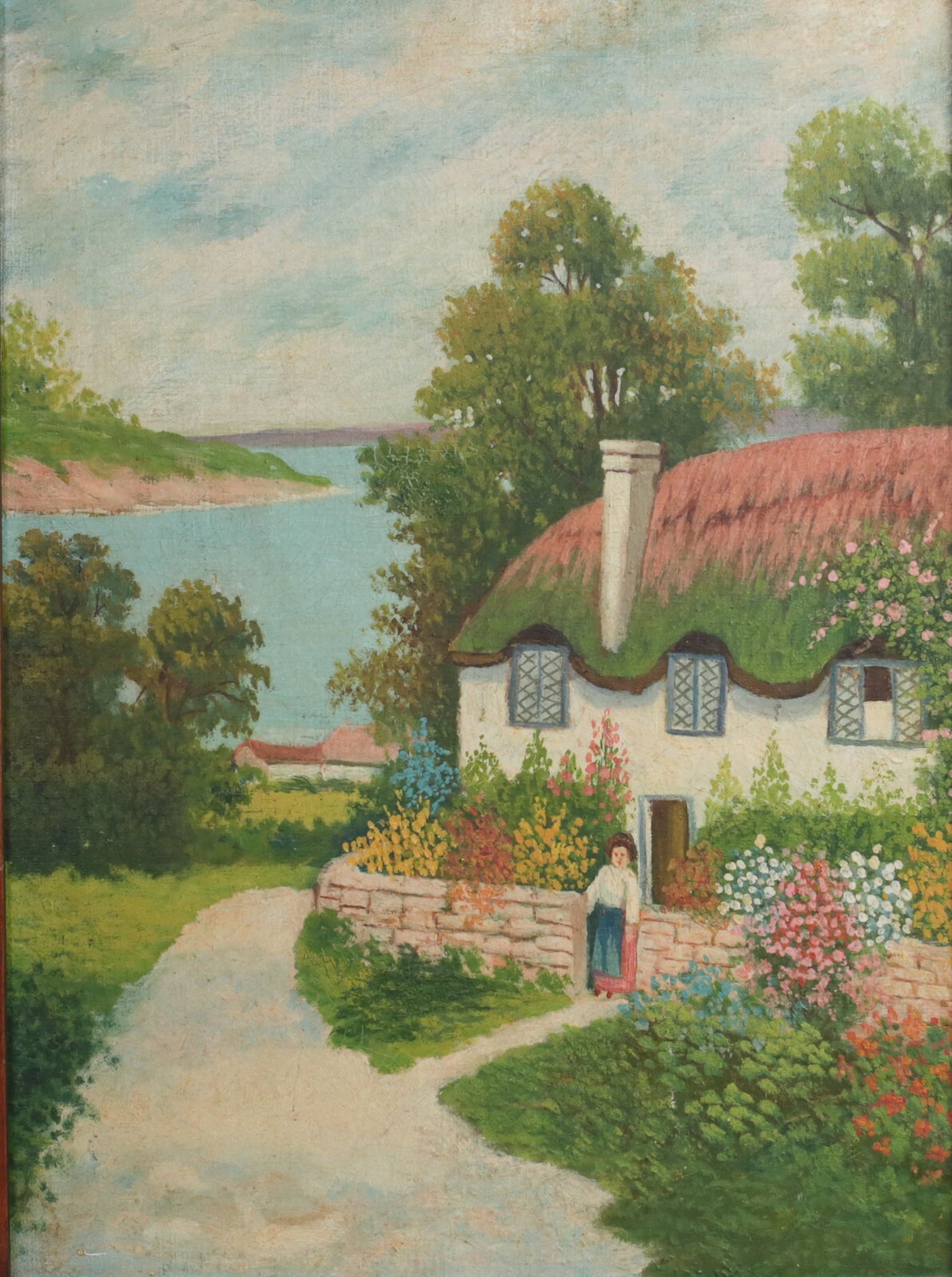 Early 20th century Oil Painting on canvas, English cottage by a lake, unsigned