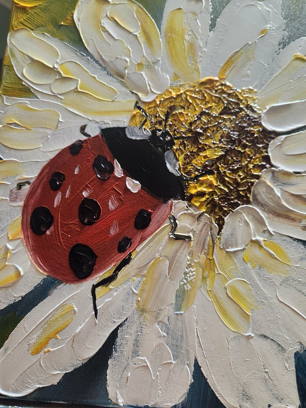Abstract Lady Bug Flower Impressionistic Original Wall Art 14X11 Canvas Acrylic