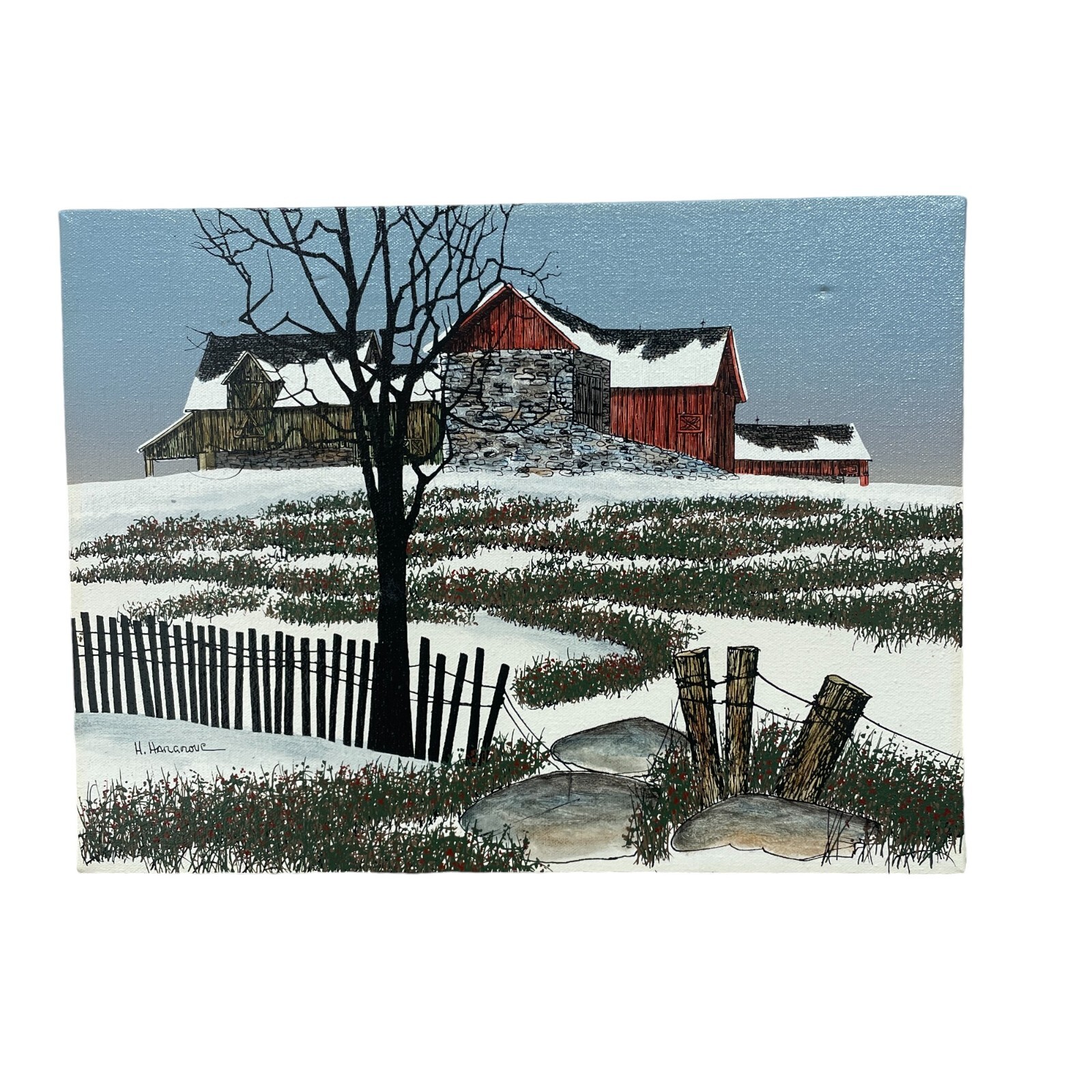 H Hargrove 1982 Signed Canvas Painting Winter Barn Art Unframed 12″ x 16″