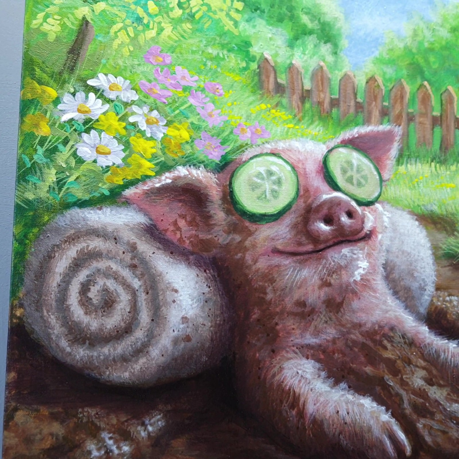 Original Acrylic Funny Pig Painting Mud Spa Humor Farm Animal Art OOAK 16×20