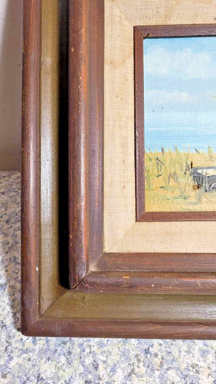 Vintage Mexican Oil Painting Coastal Landscape Ducks Mid-Century Wood Frame