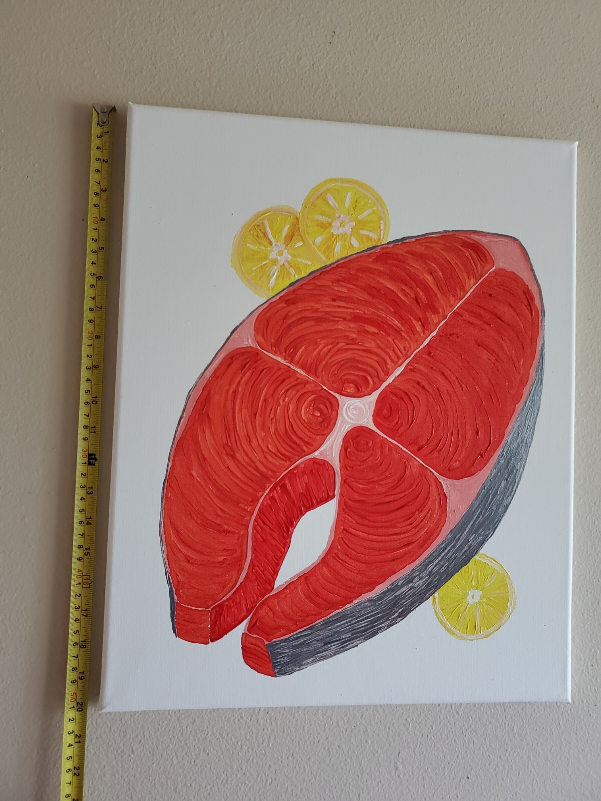 Acrylic Painting Wooden Frame 20×16 Art Decor Fish Salmon Steak Food