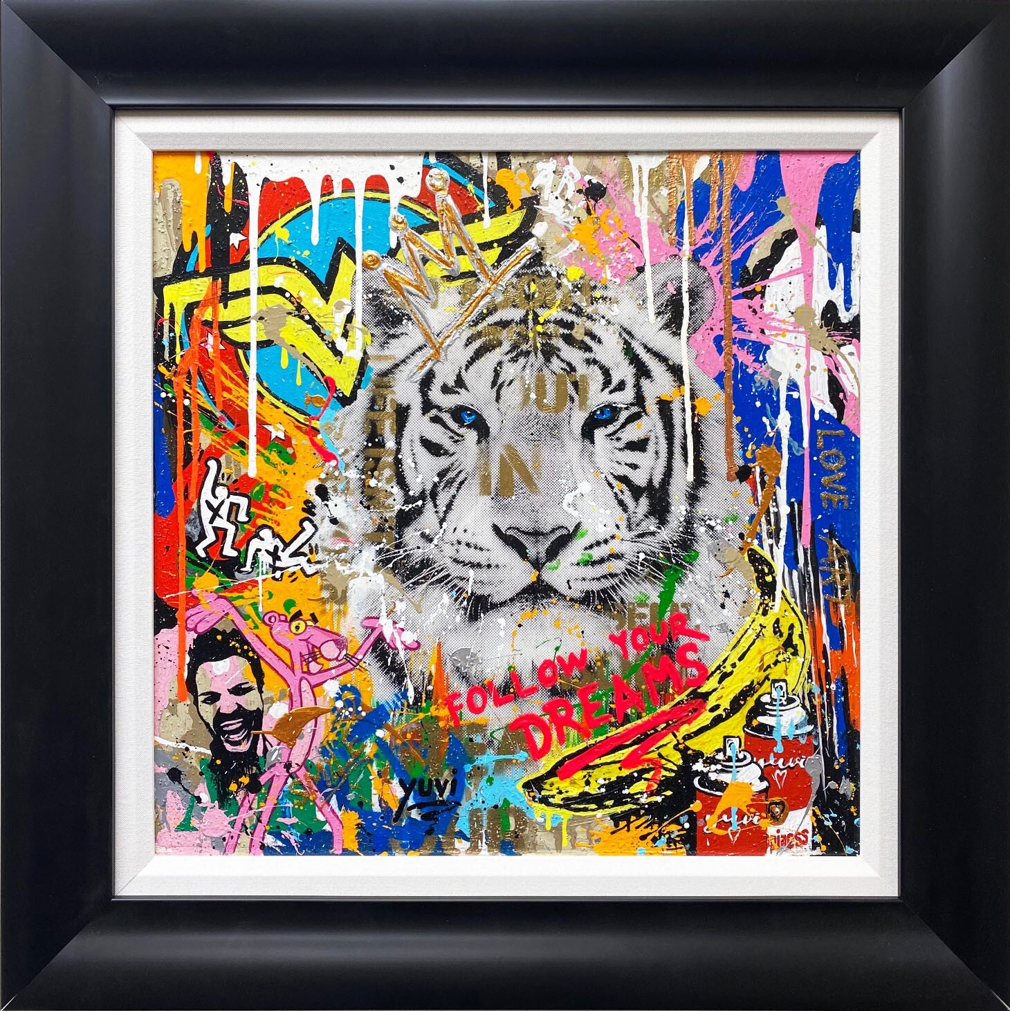 Yuvi «Follow Your Dreams» Hand Signed Graffiti Oil Custom Framed Art Tiger NEW