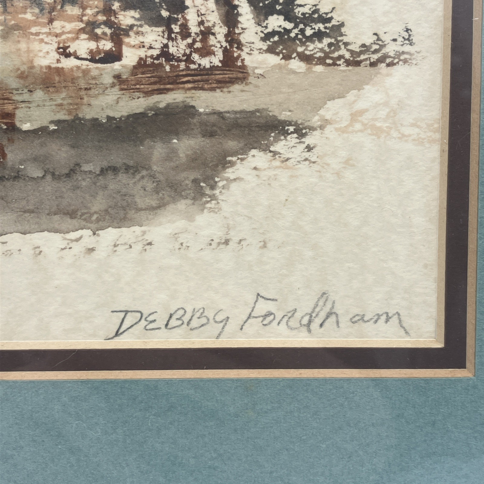 Original Watercolor Abstract Waters Edge Scene Signed Matted Framed Blue/Browns