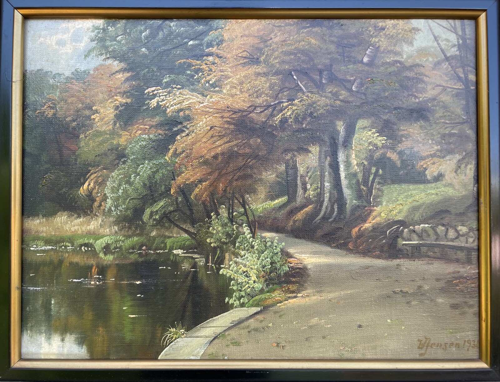 Impressionist Autumn Park Landscape Deciduous Trees Lake Bank Oil Painting 1936