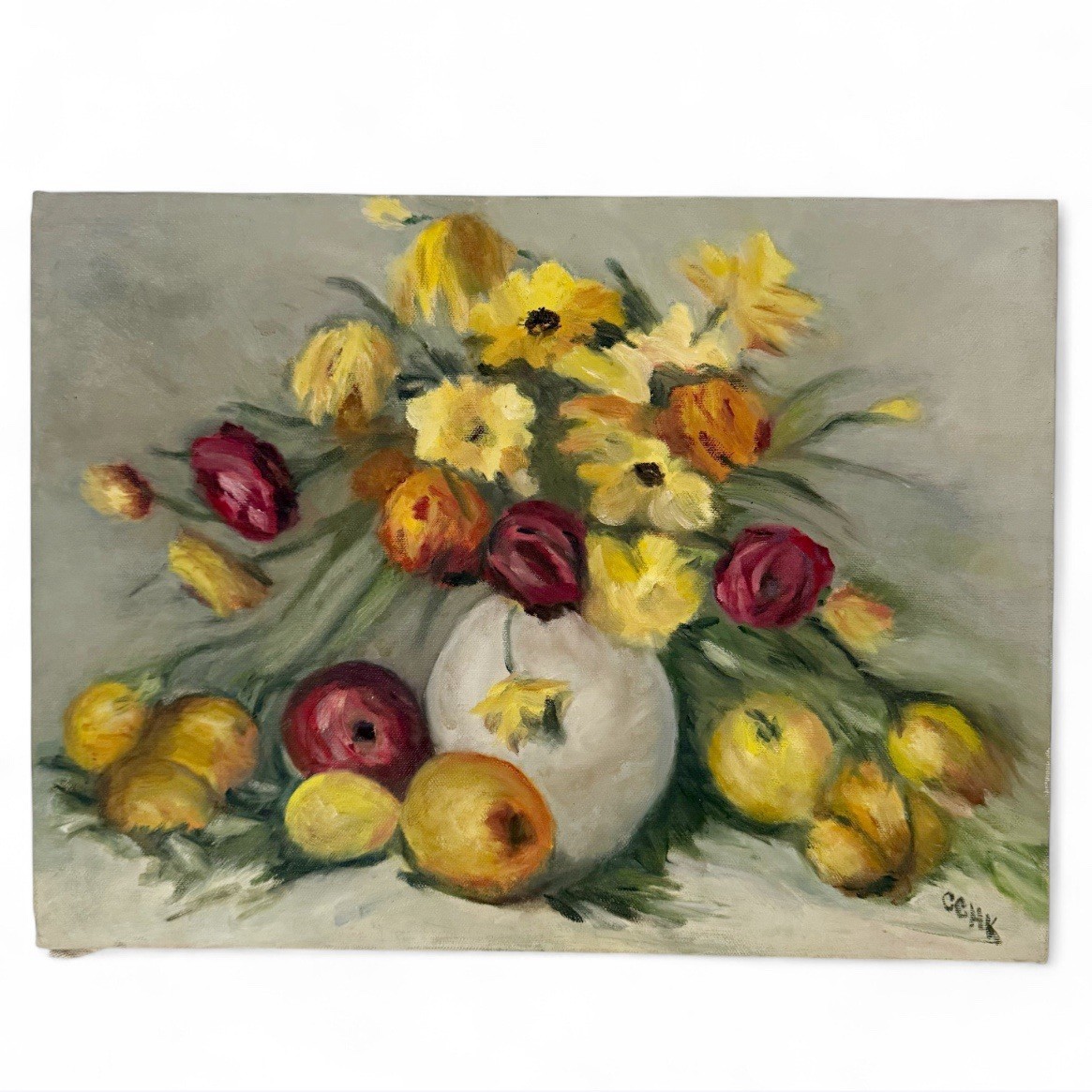 Original Still Life Yellow Flowers in Vase Fruit on Table Signed Painting 12×16