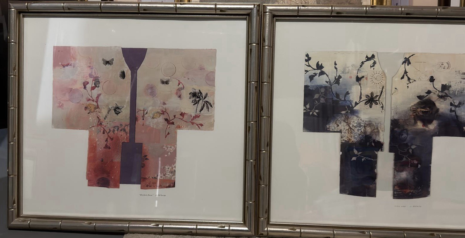 Original Kimono Artwork Set of 2 Framed Asian Diptych Bamboo Frames