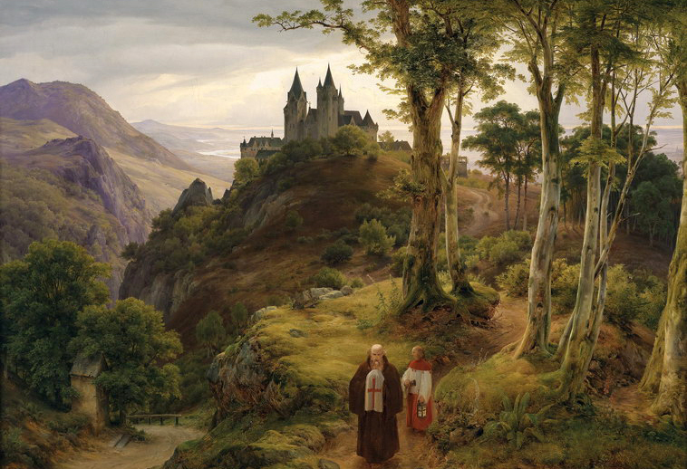 Excellent Oil painting priest and monk in the mountains landscape with castle