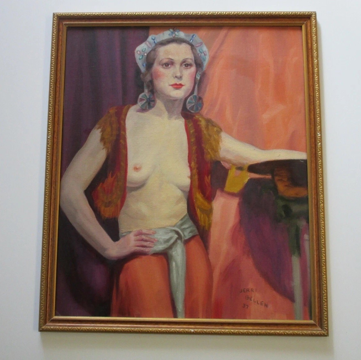Antique Portrait Painting Pretty Woman Female Model Chicago Oil Jerri Bellen