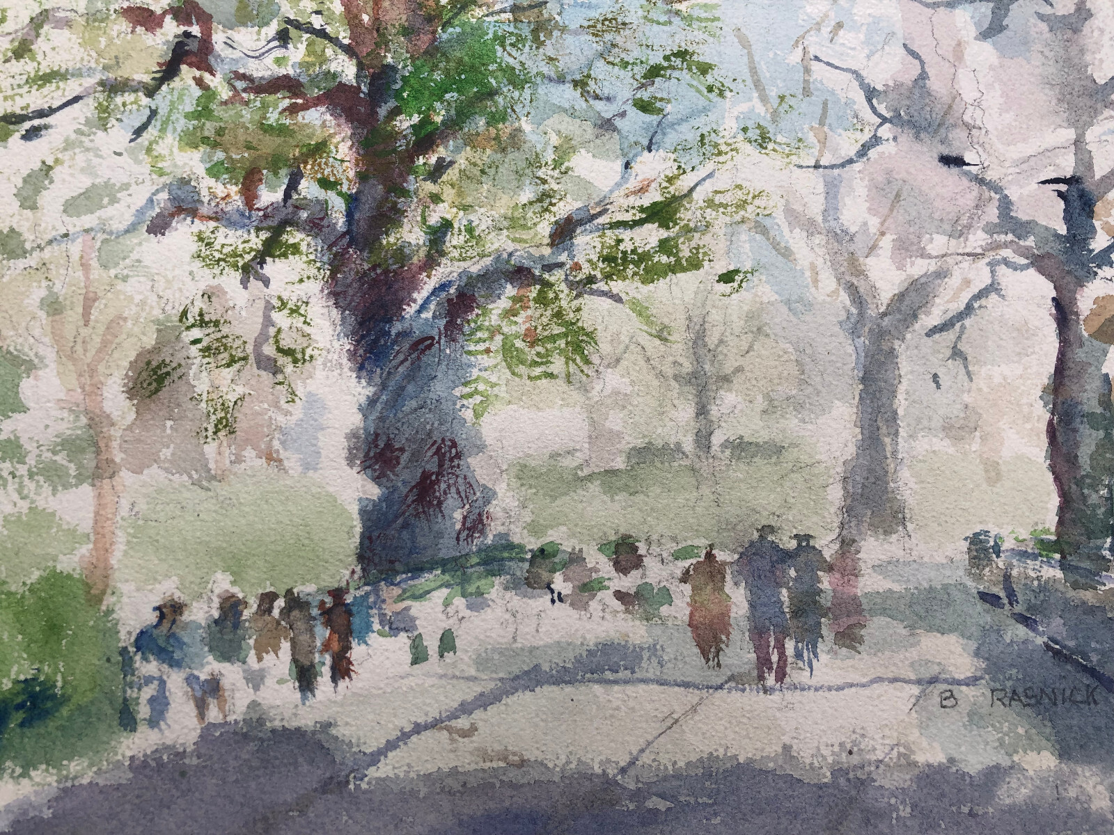 People in a Park Watercolor 8 5/8 x 12- Circa 1950s-B. Rasnick