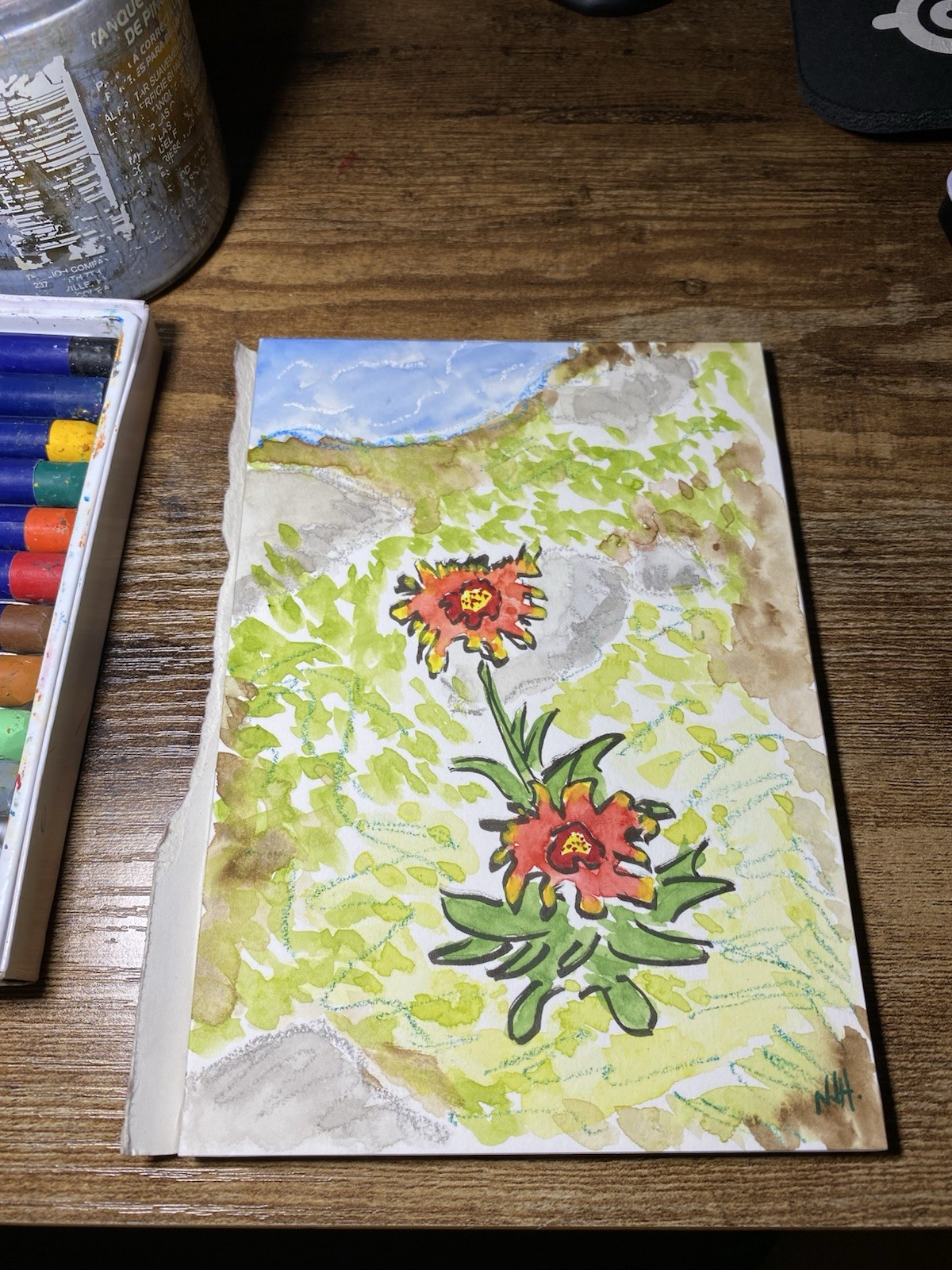 Flowers By The Fountain By Nicholas Hagen Original Watercolor And Oil Pastel