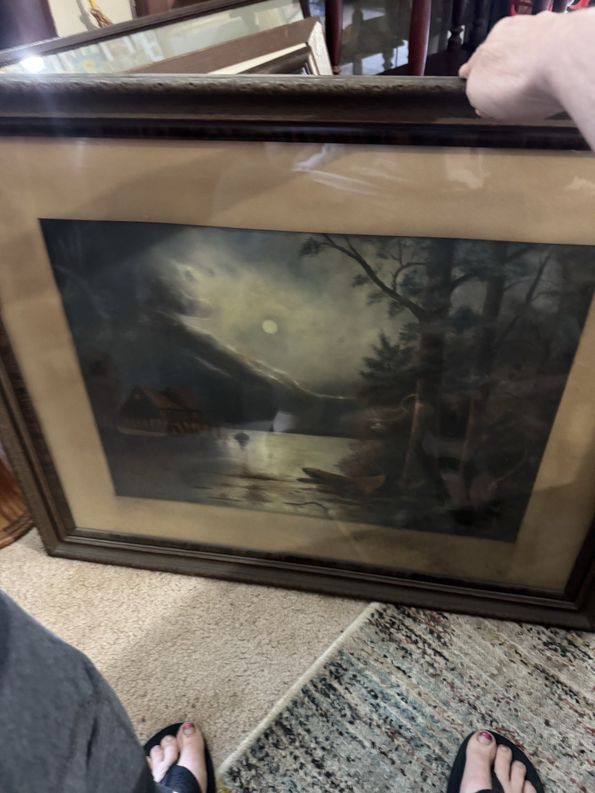 Antique Dark Moody Landscaping Painting Signed 32×25 Chalk Nocturnal