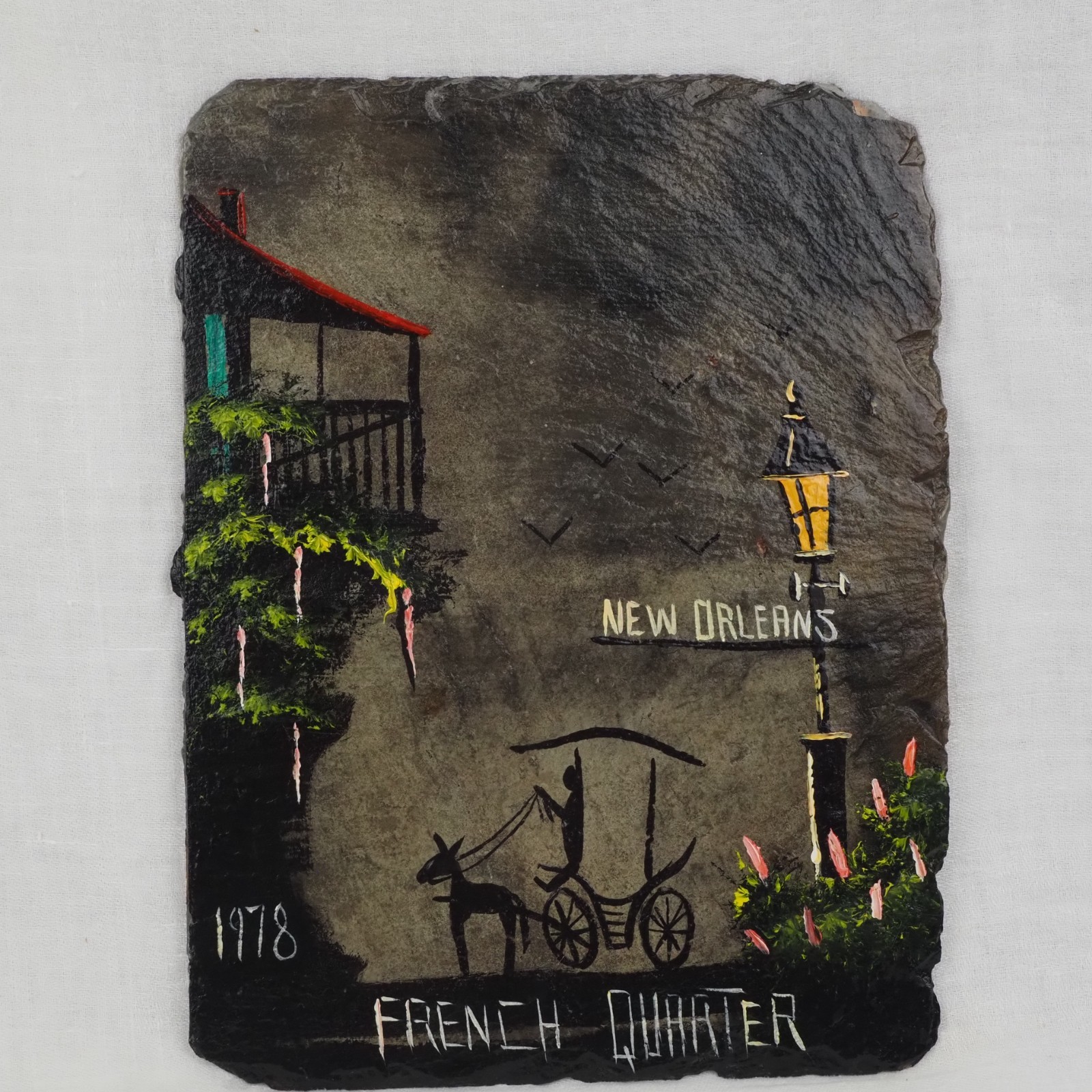 1978 VIEUX CARRE Primitive New Orleans French Quarter Folk Art Slate Painting